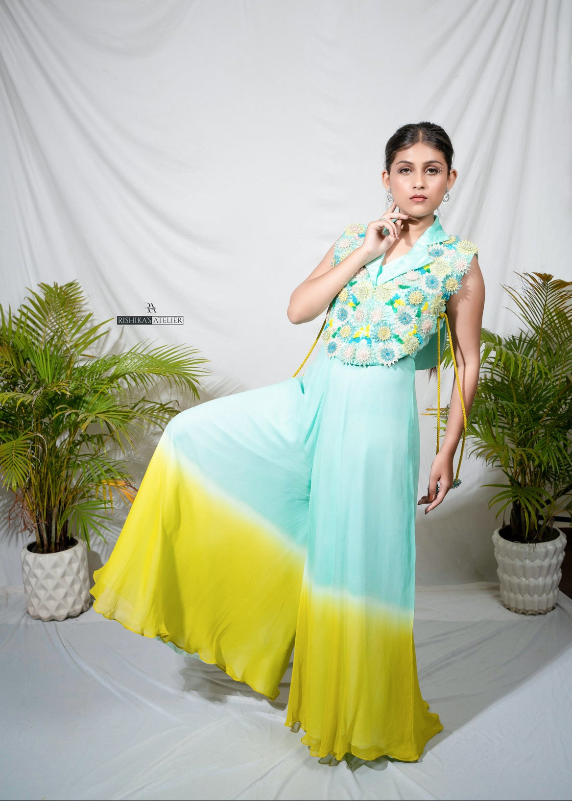Lemon yellow ombre jumpsuit with jacket set