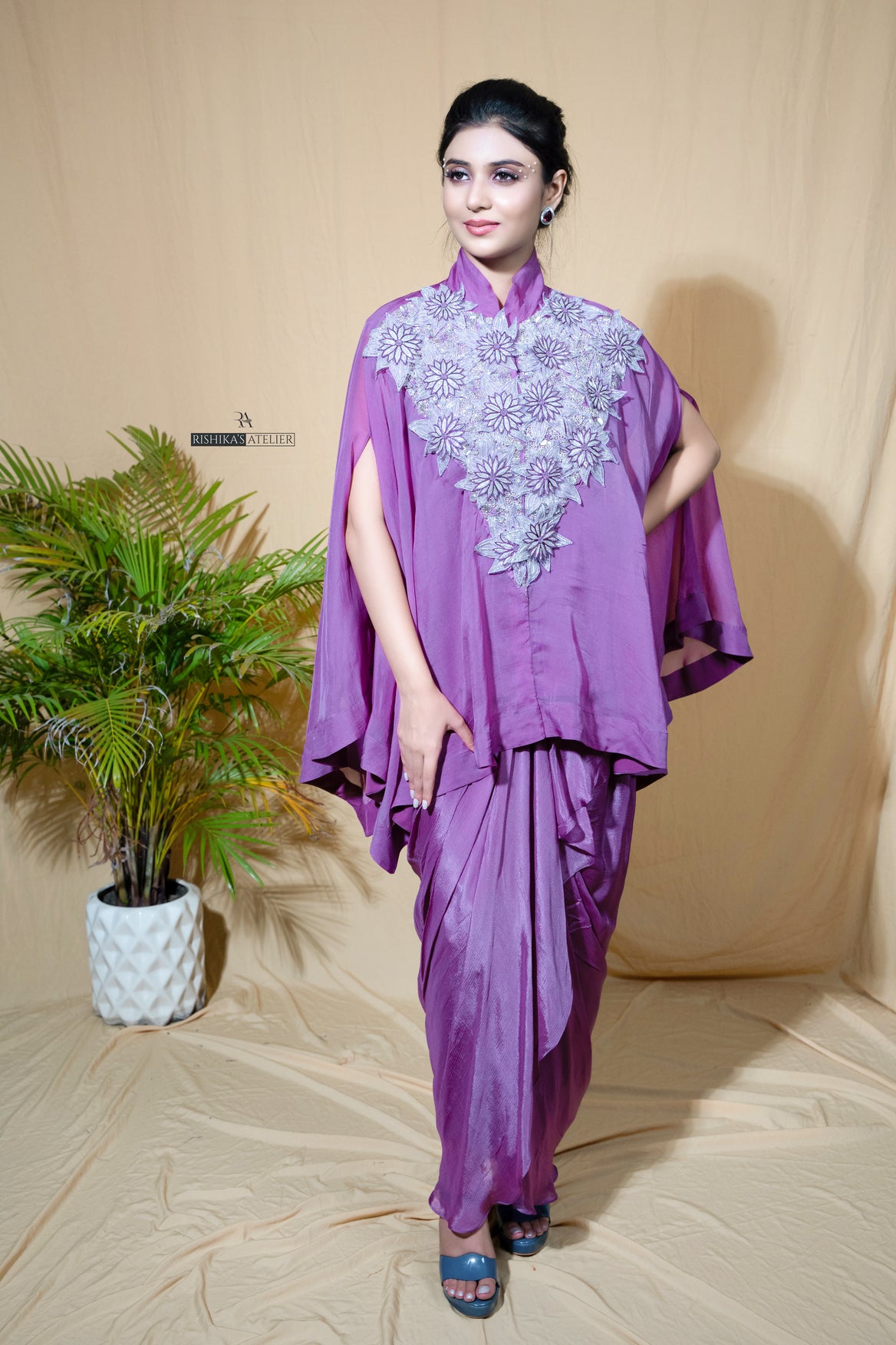 Purple embroidered kaftan with skirt set