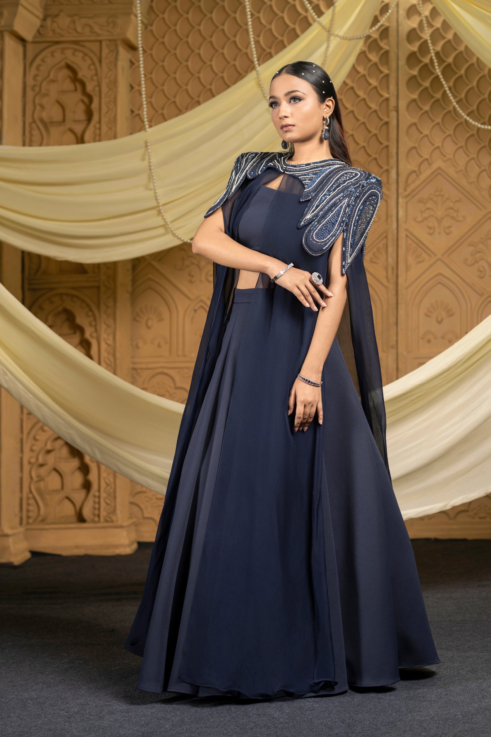 Embroidered abstract cape with skirt set