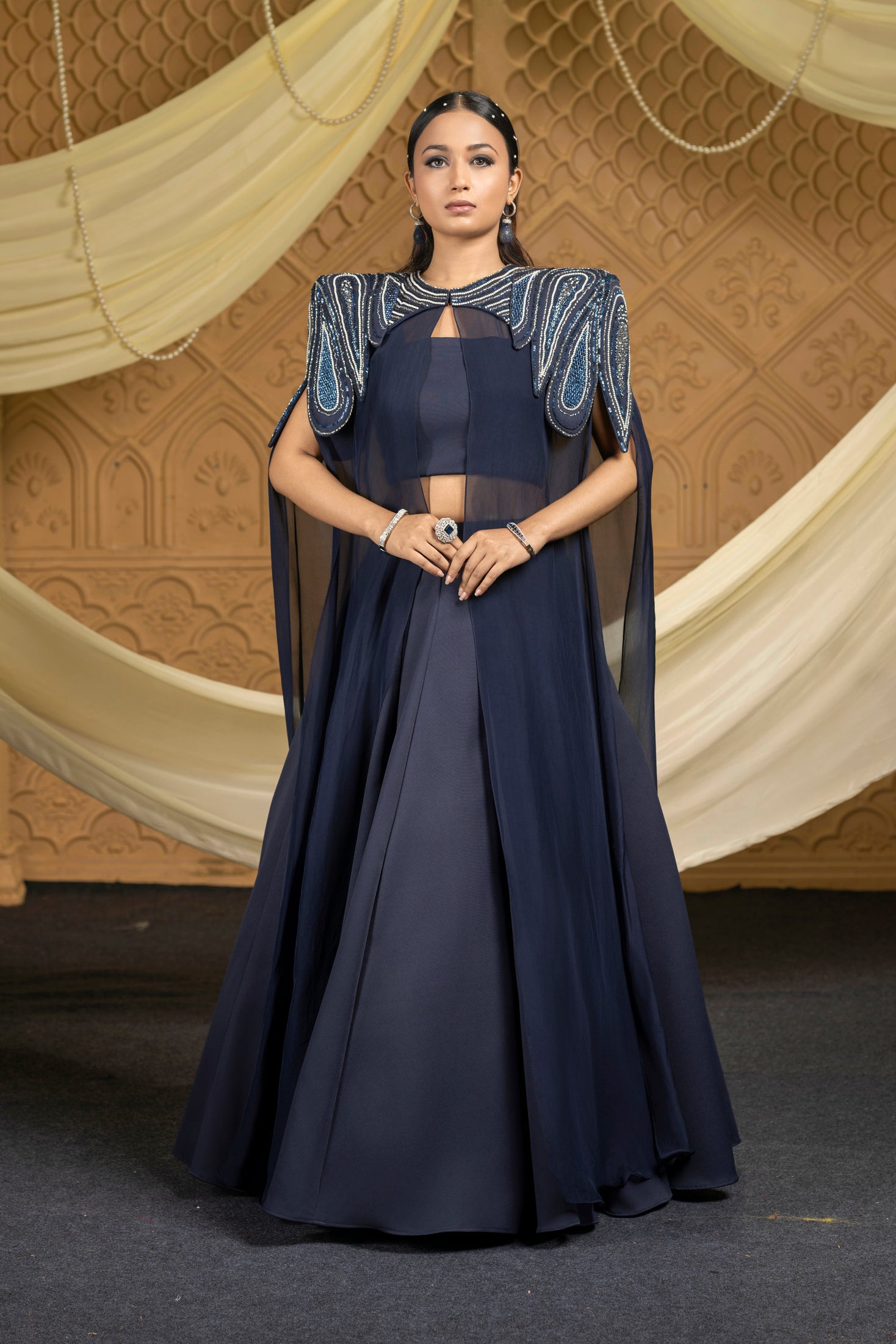 Embroidered abstract cape with skirt set