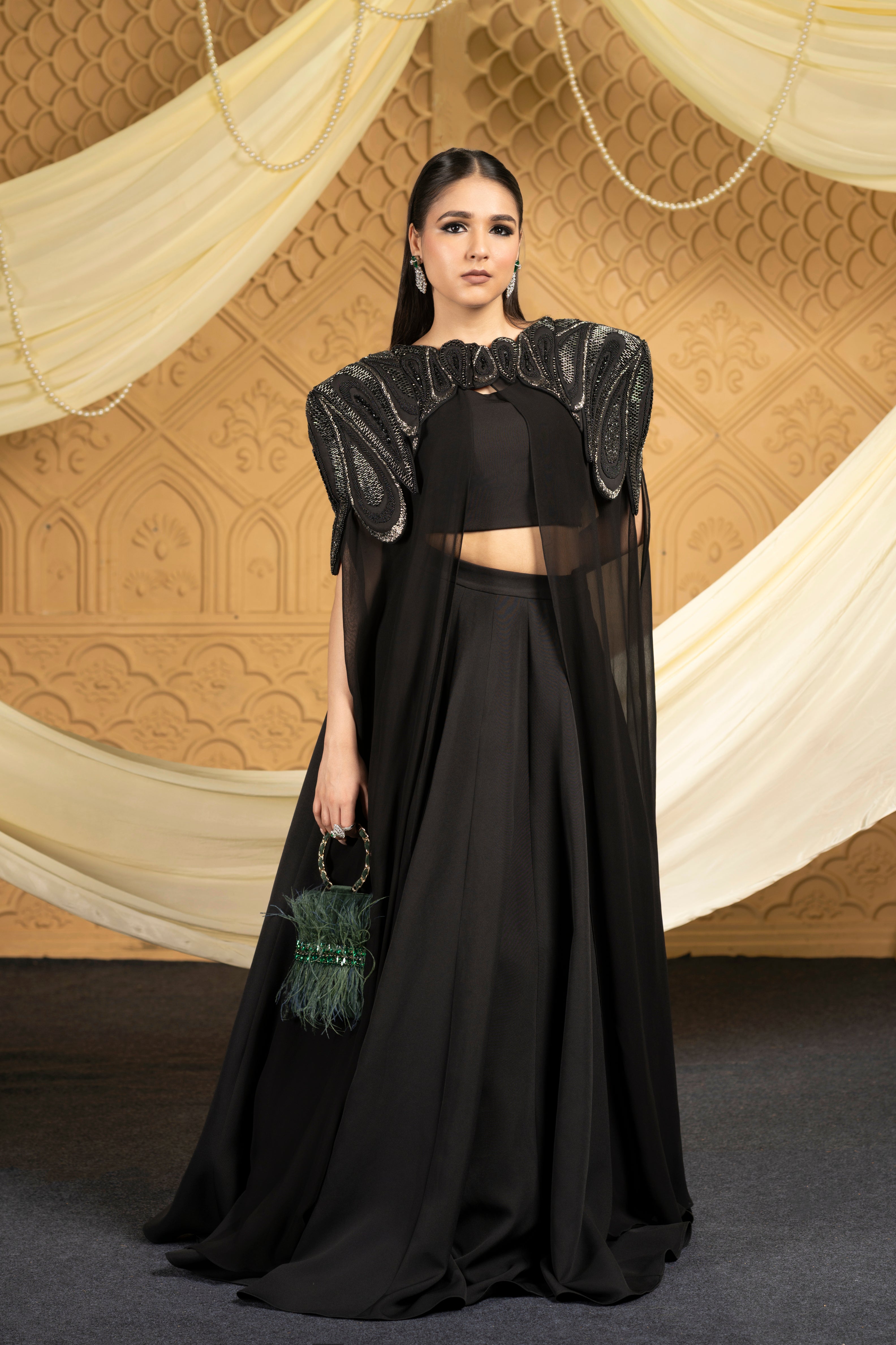 Embroidered abstract cape with skirt set