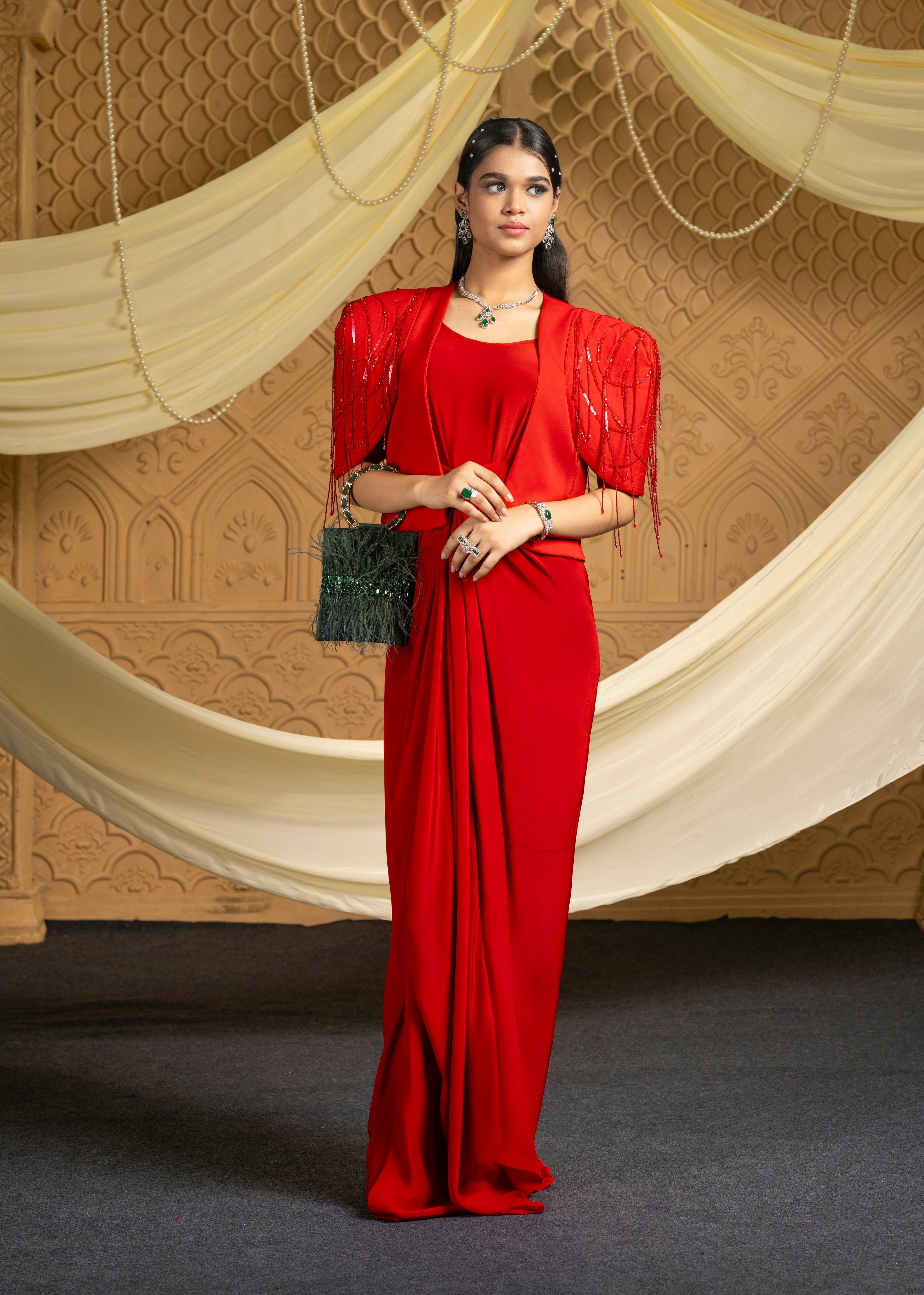 Dazzle embroidered jacket with drape dress set