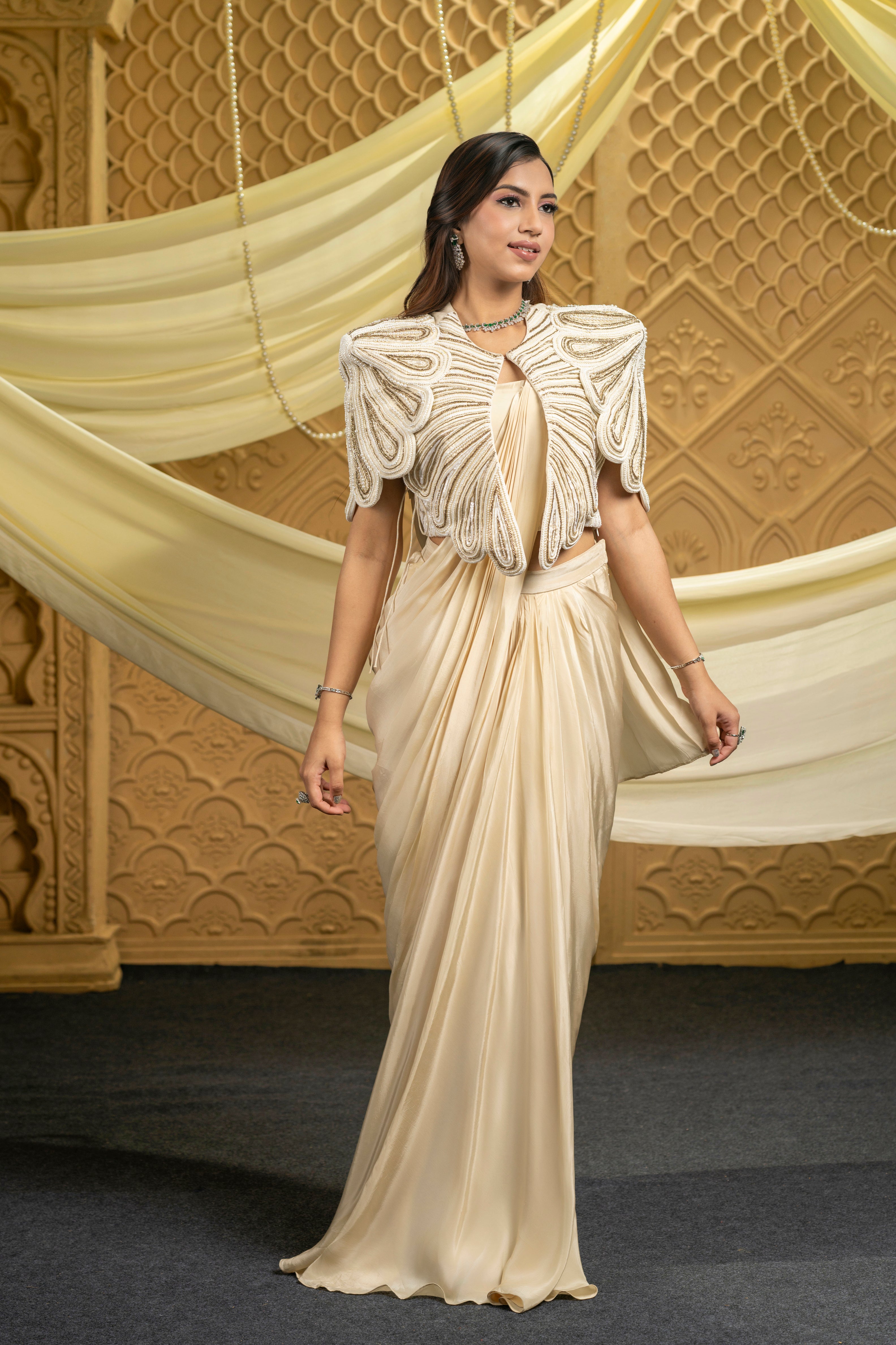 Ivory Drape Saree Set with Jacket