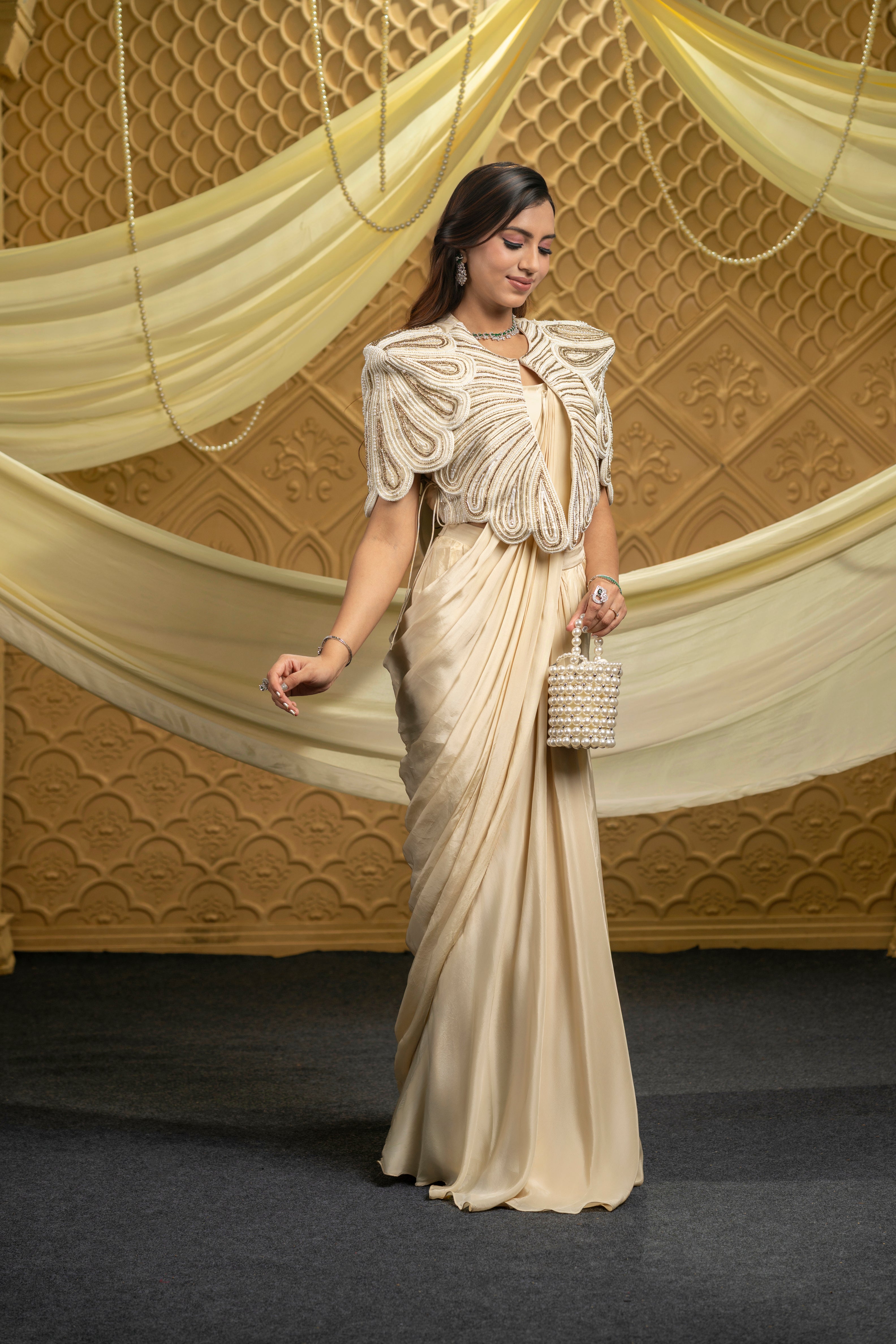 Ivory Drape Saree Set with Jacket