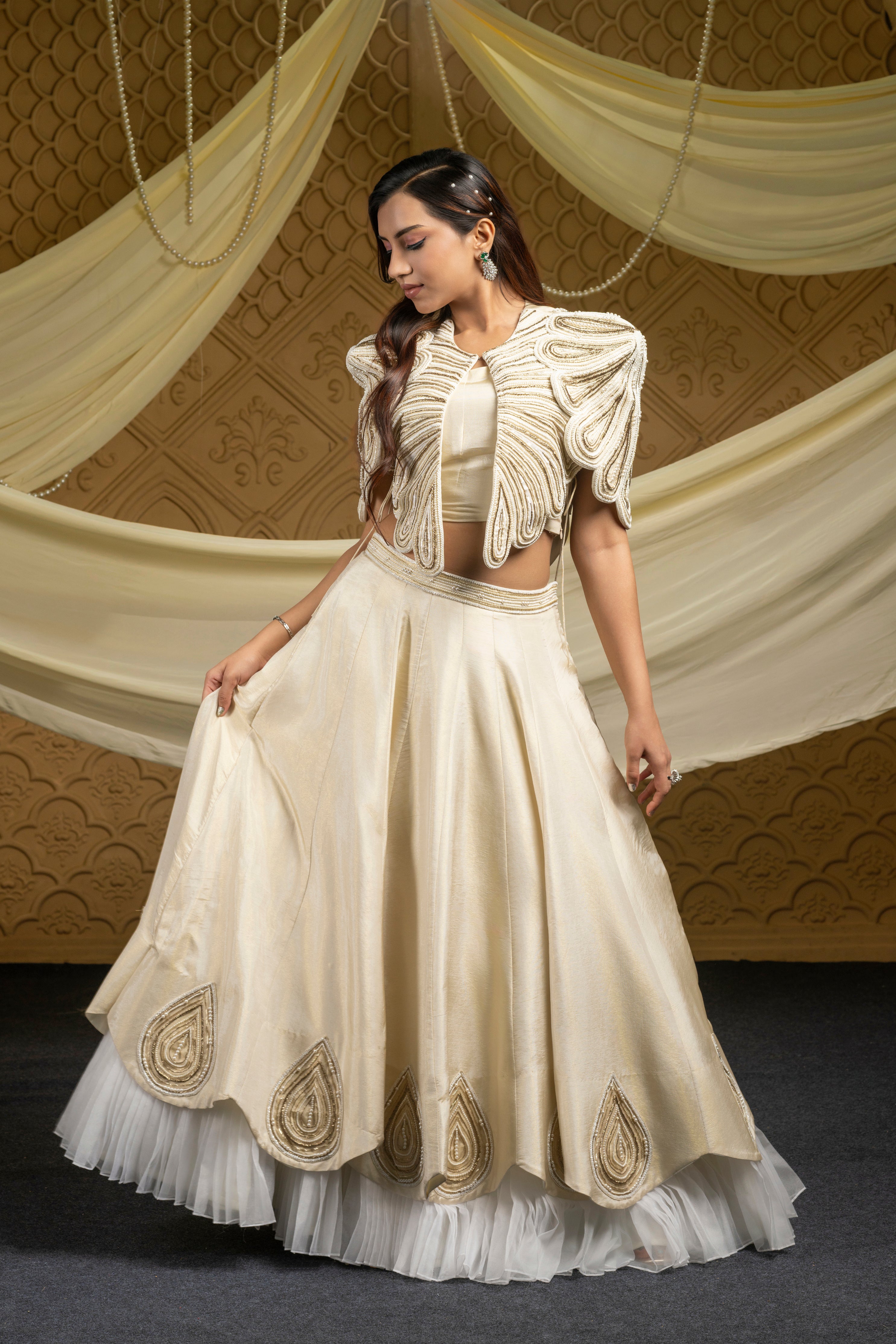 Ivory regalia-embroidered jacket with embroidered skirt set