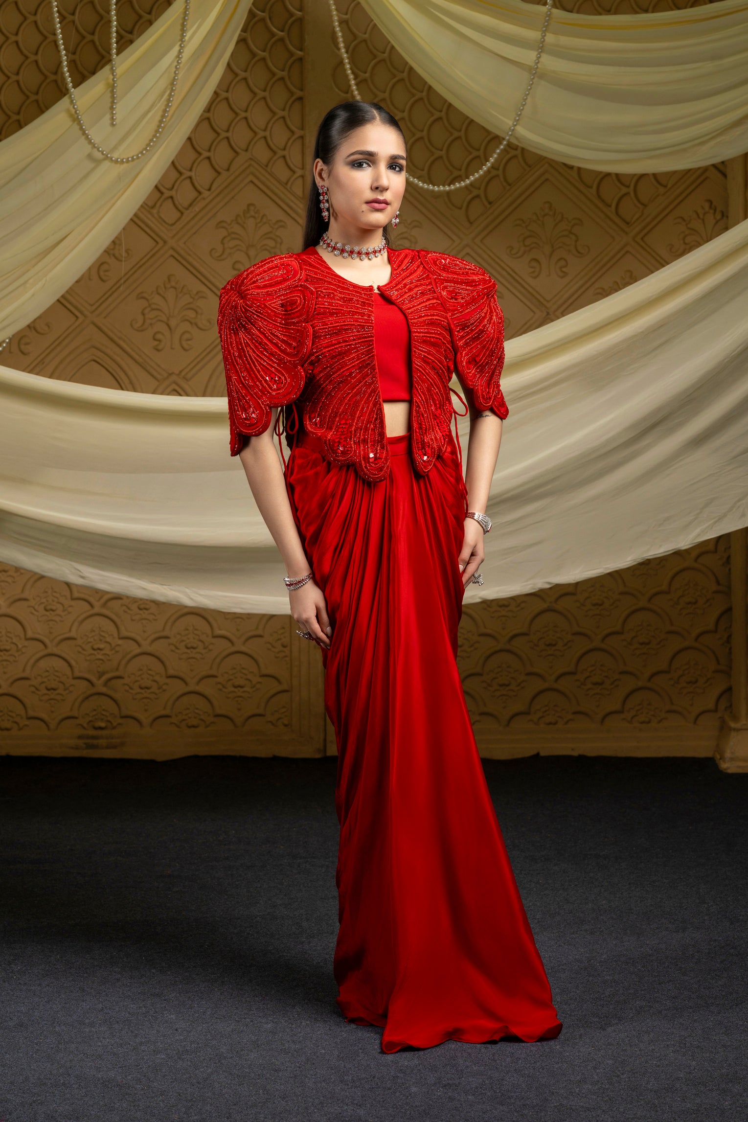 Red regalia embroidered jacket with drape skirt set