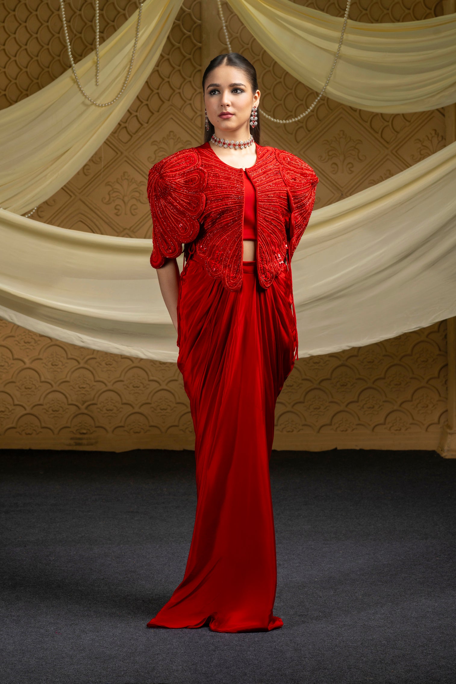 Red regalia embroidered jacket with drape skirt set