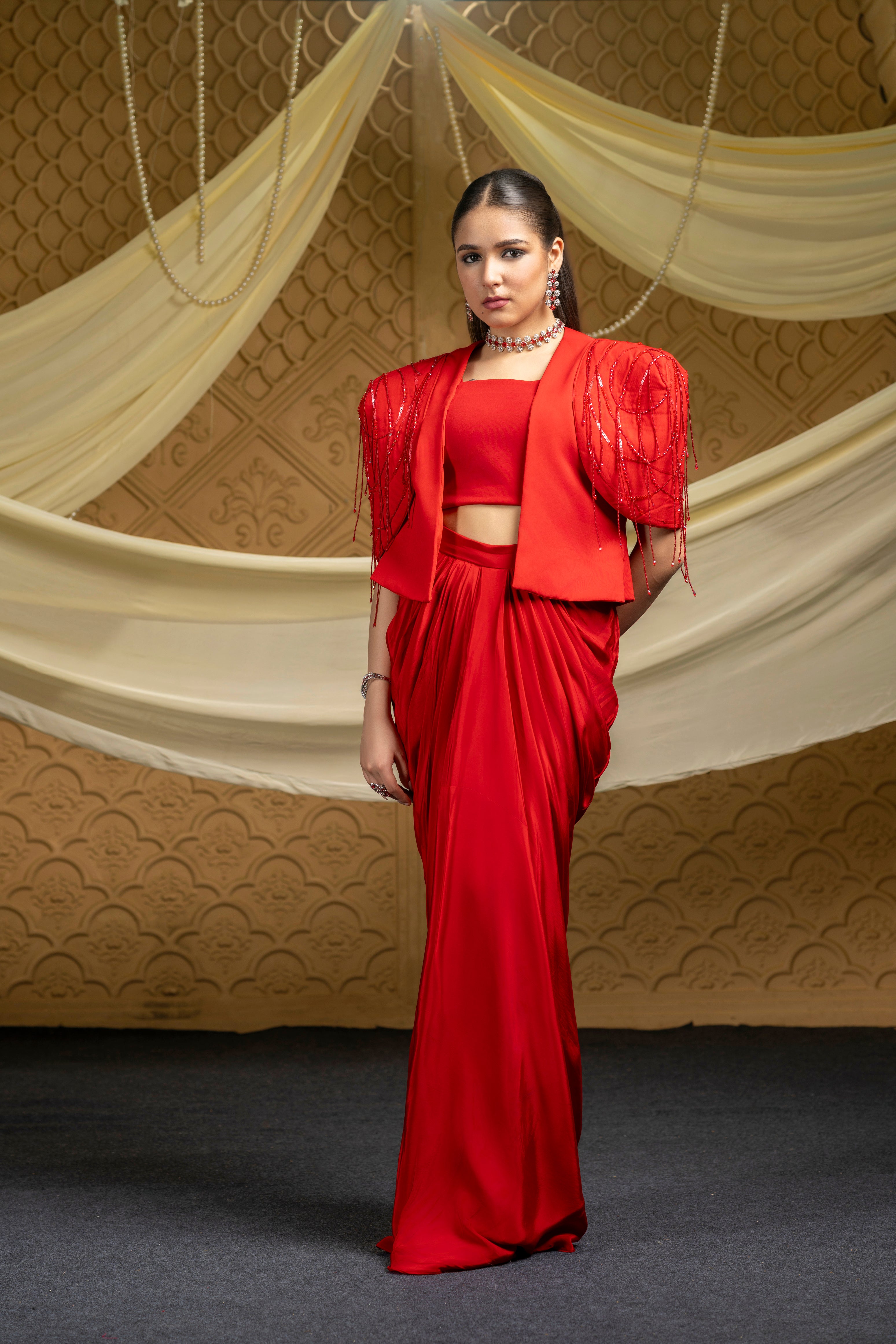 Skirt with dazzle embroidered jacket set