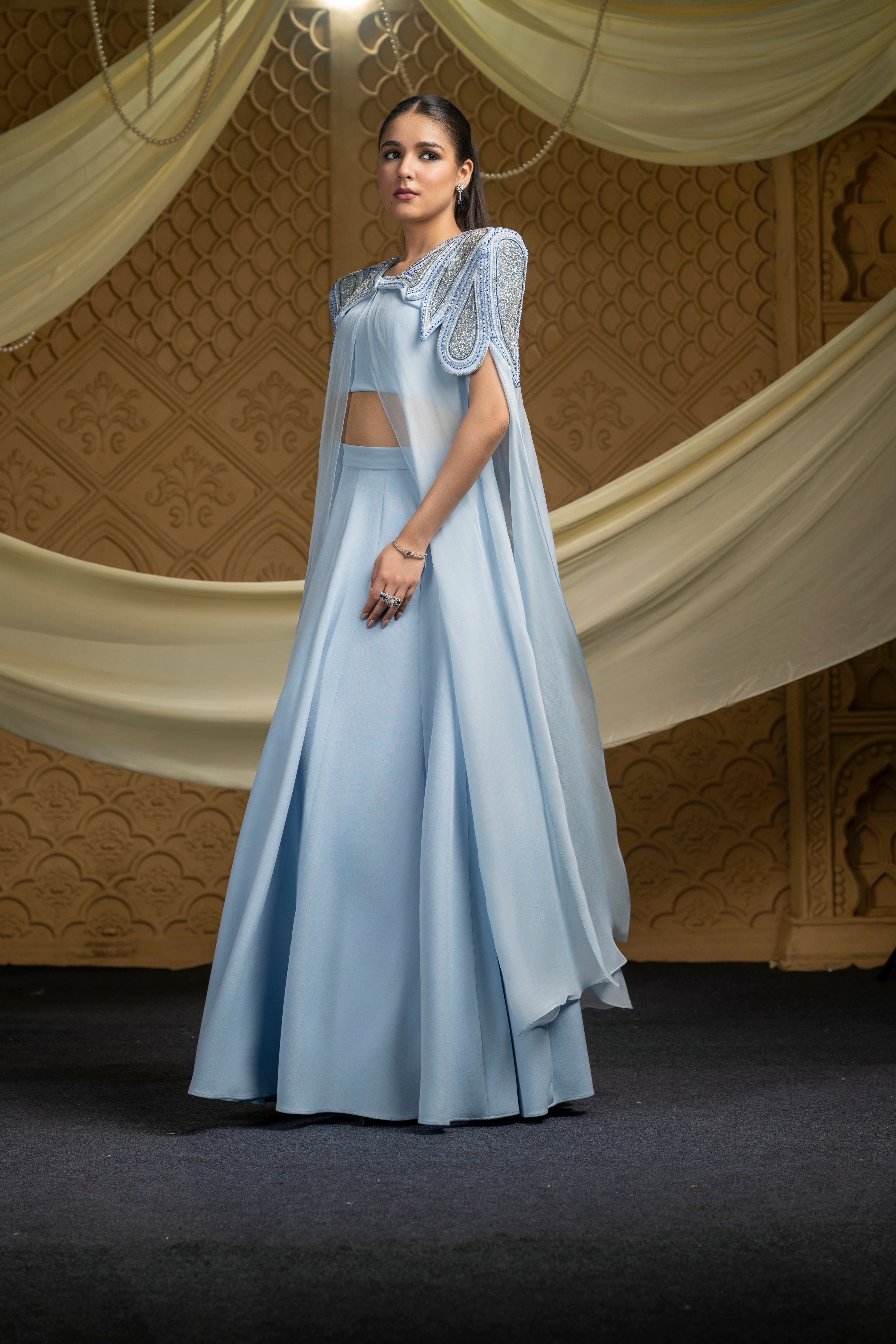 Embroidered abstract cape with skirt set