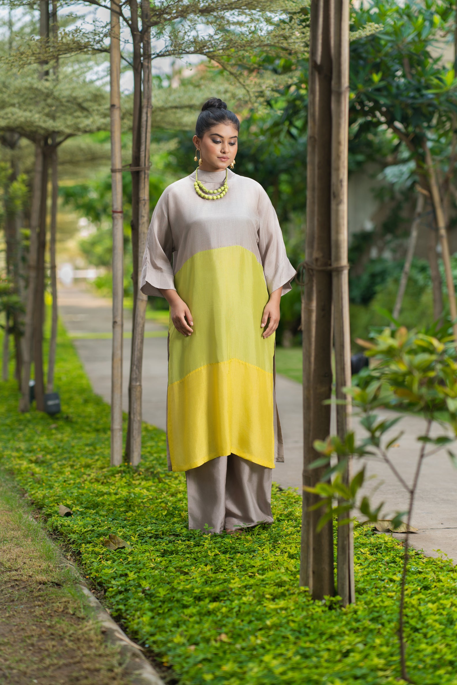 Tri color block kurti green yellow