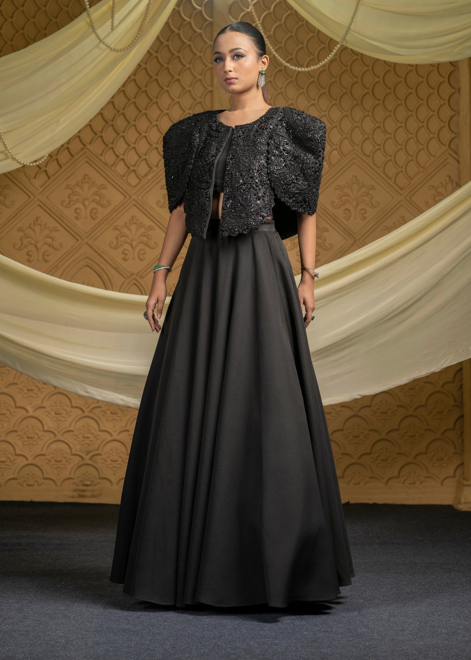 Black embroidered jacket with skirt set