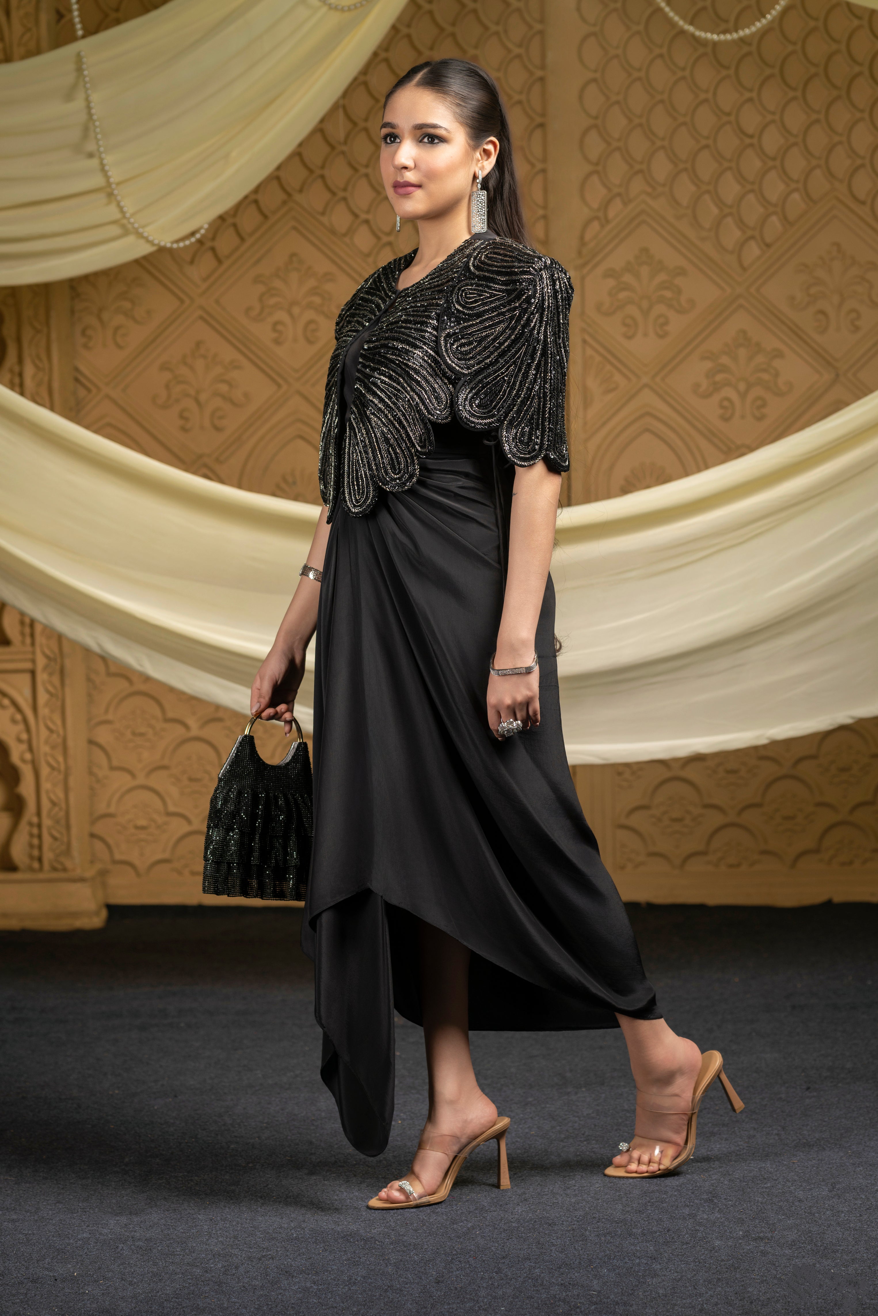 Regalia embroidered jacket with drape dress set