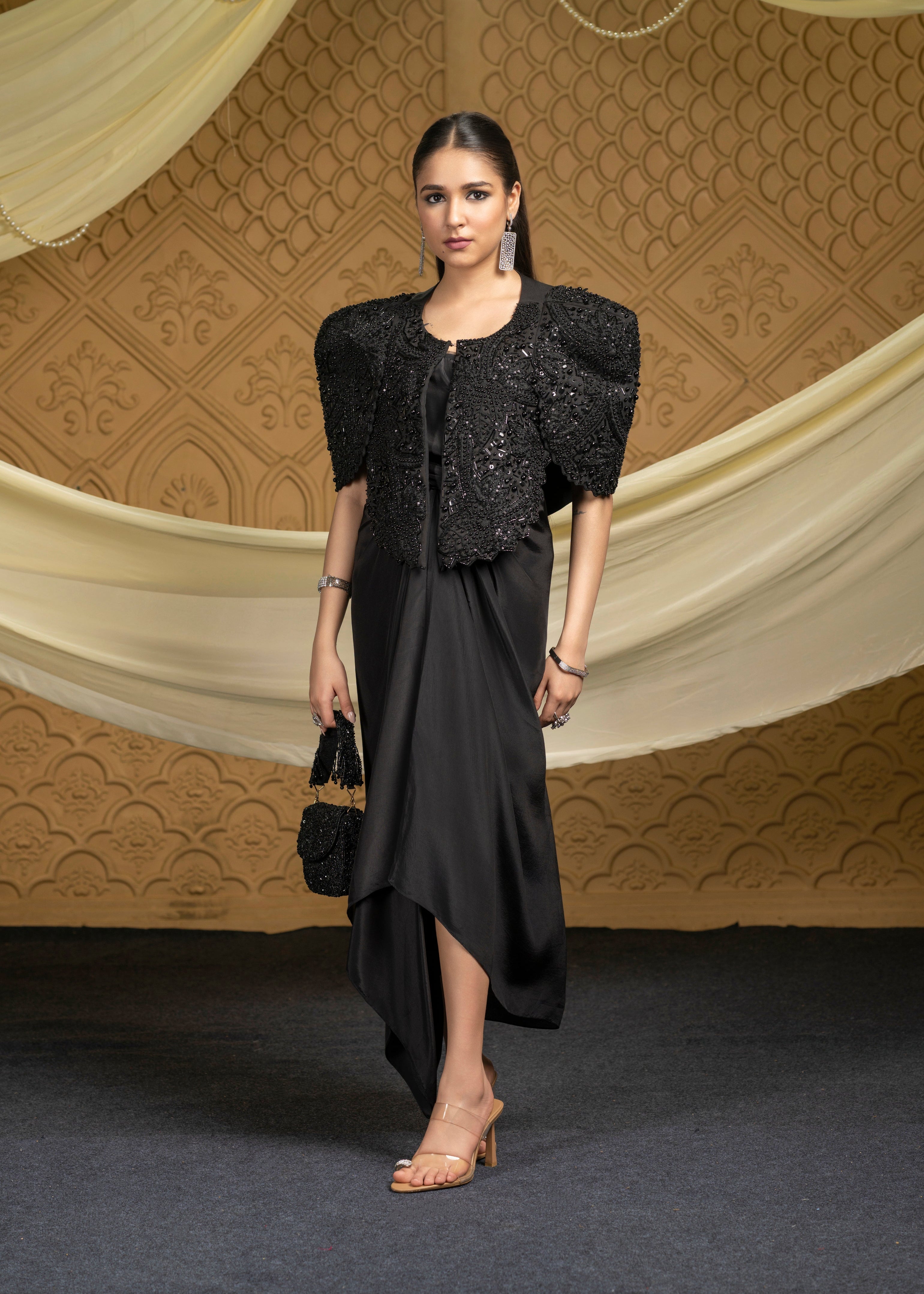 Black embroidered jacket with drape dress set