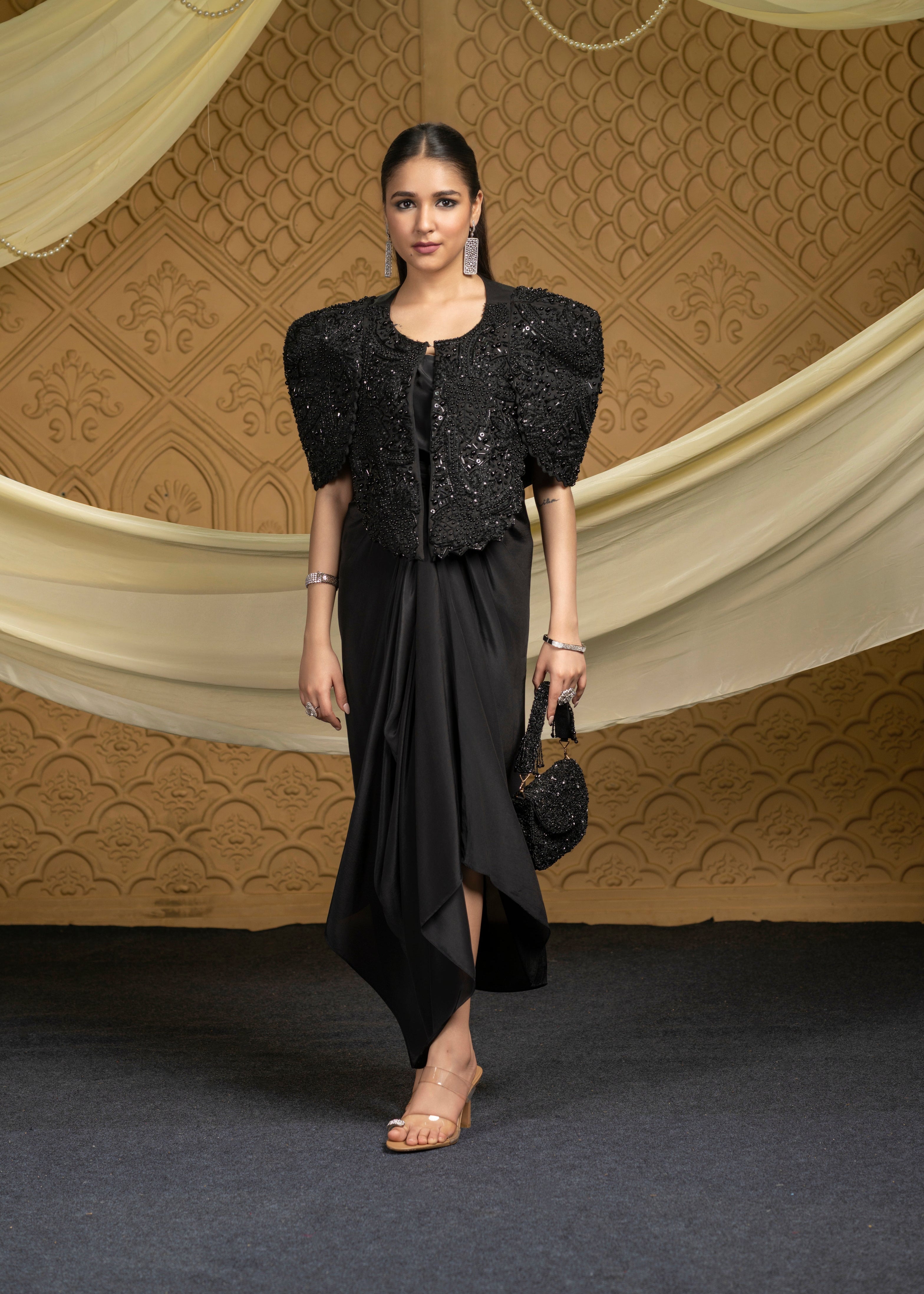 Black embroidered jacket with drape dress set