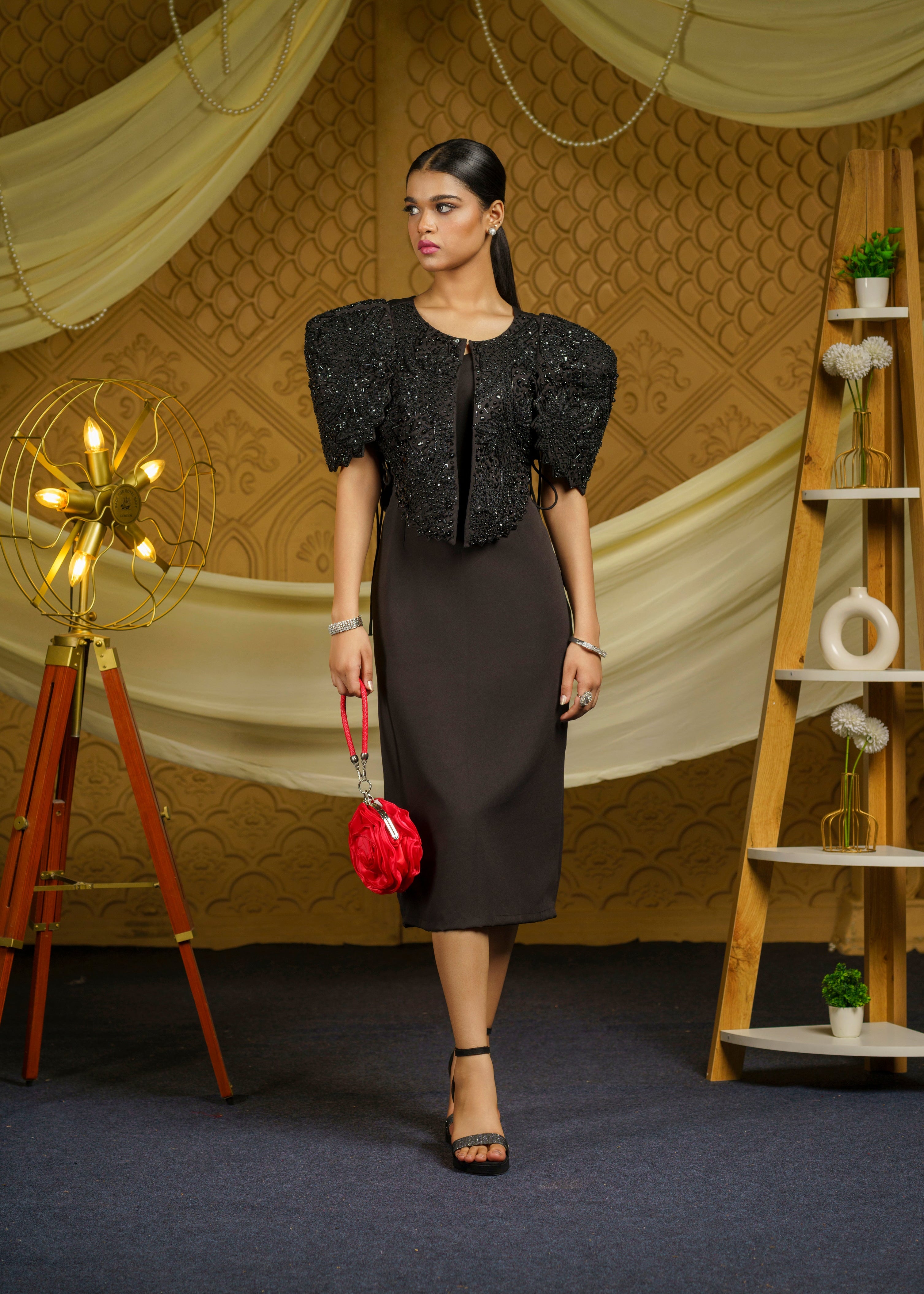 Black bodycon dress with embroidered jacket set