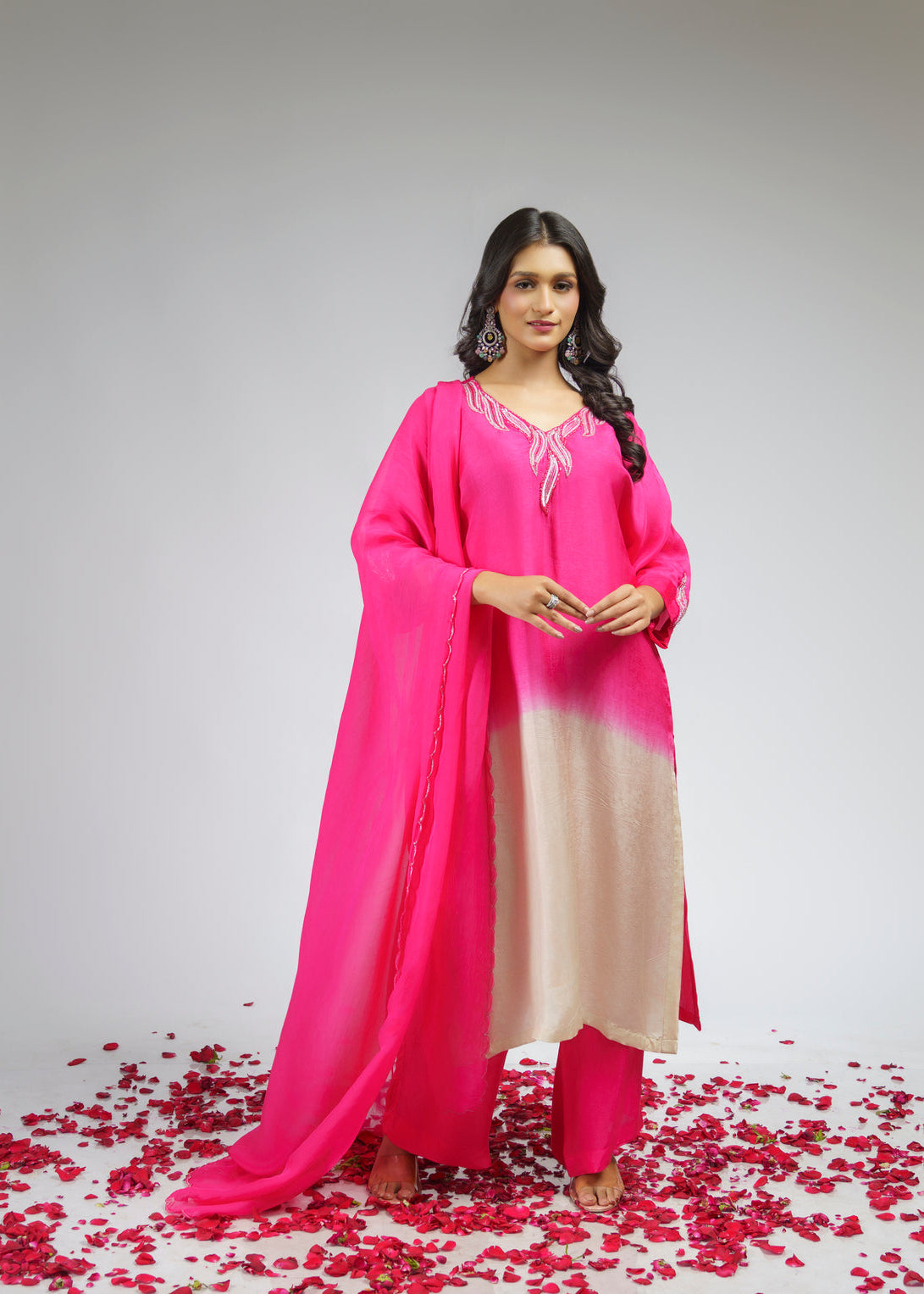 Pink Ombre embroidered straight kurta set