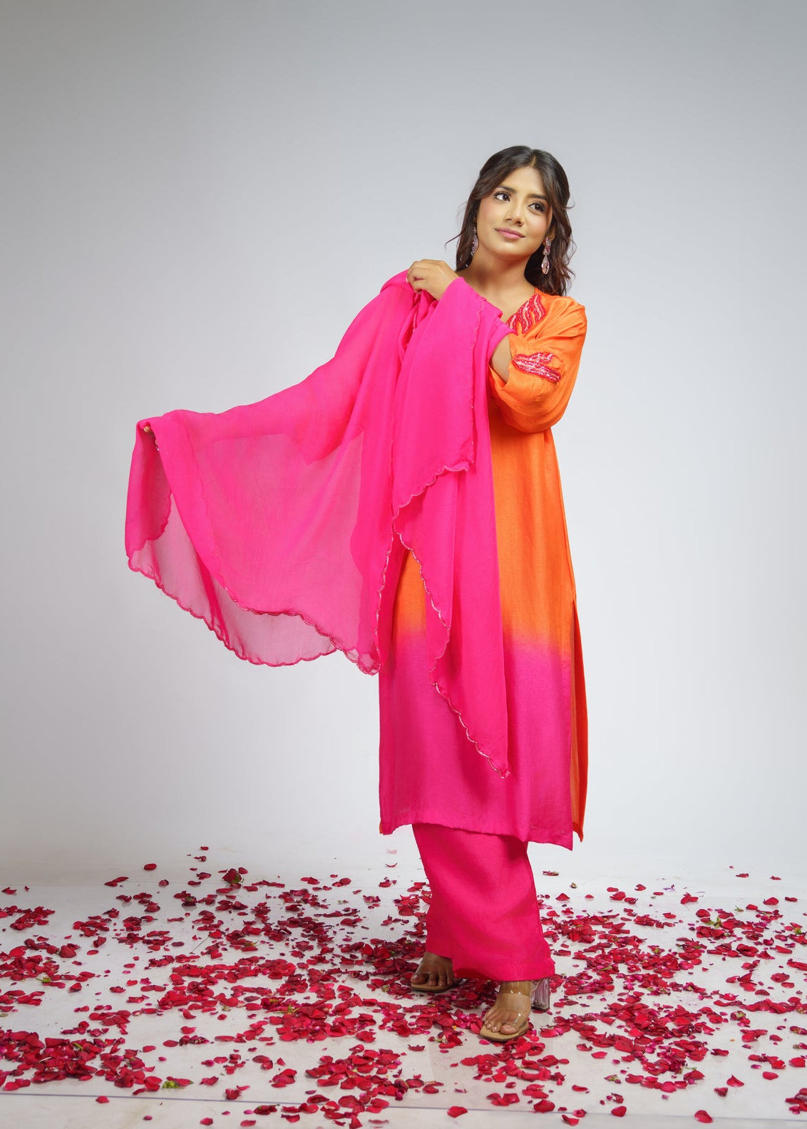 Pink orange Ombre embroidered straight kurta set