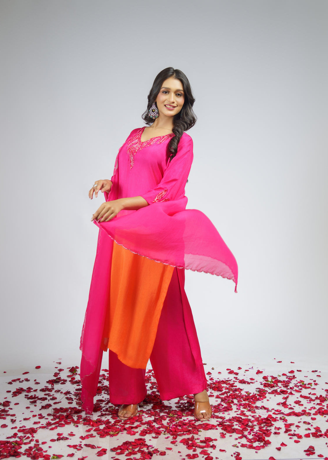 Pink orange Ombre embroidered straight kurta set