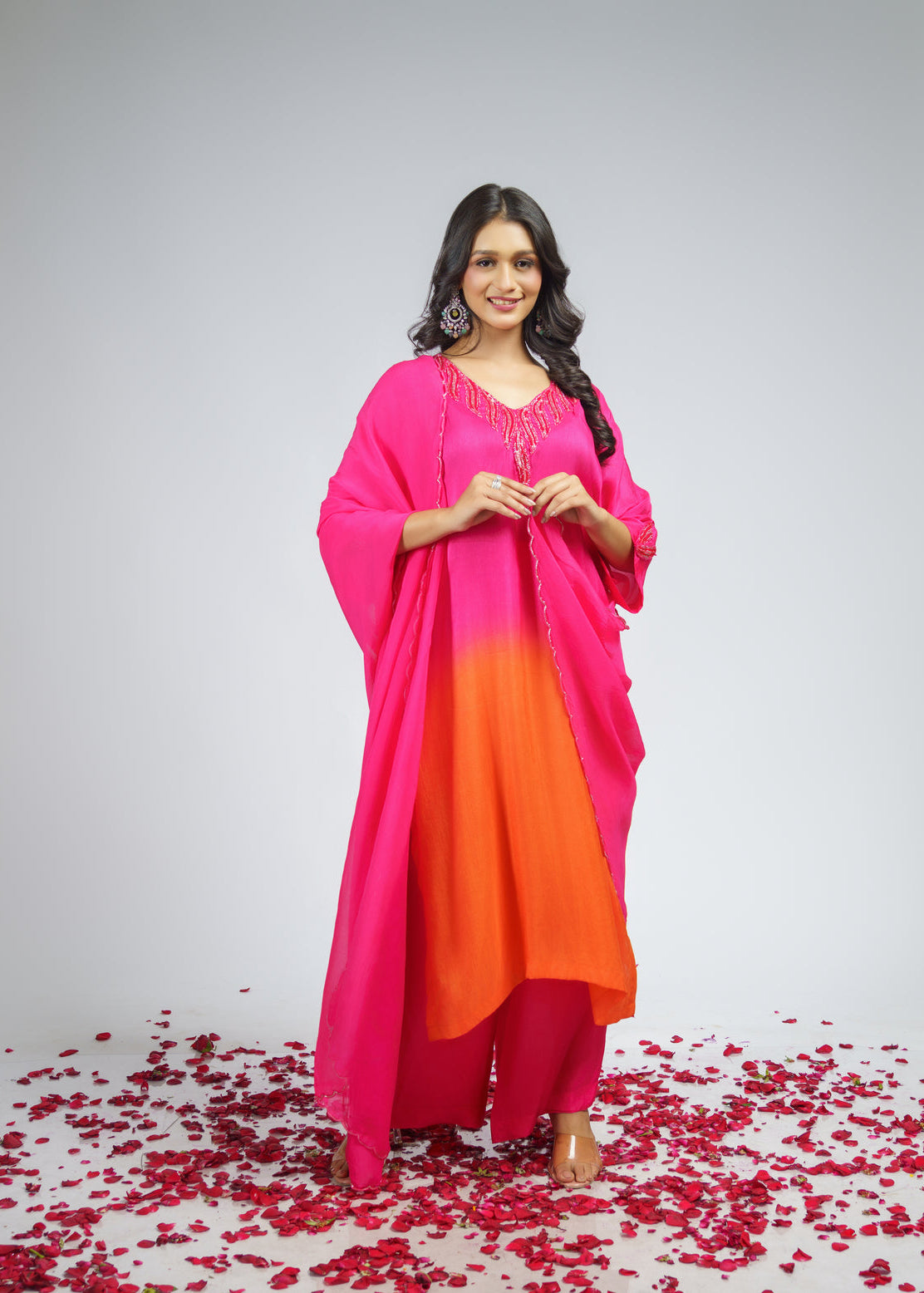 Pink orange Ombre embroidered straight kurta set