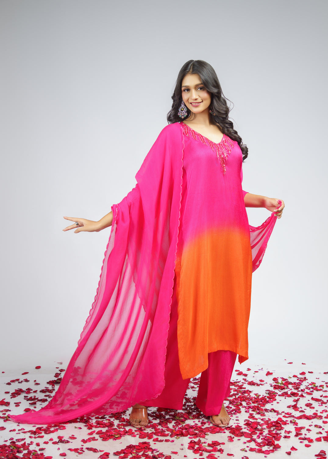 Pink orange Ombre embroidered straight kurta set
