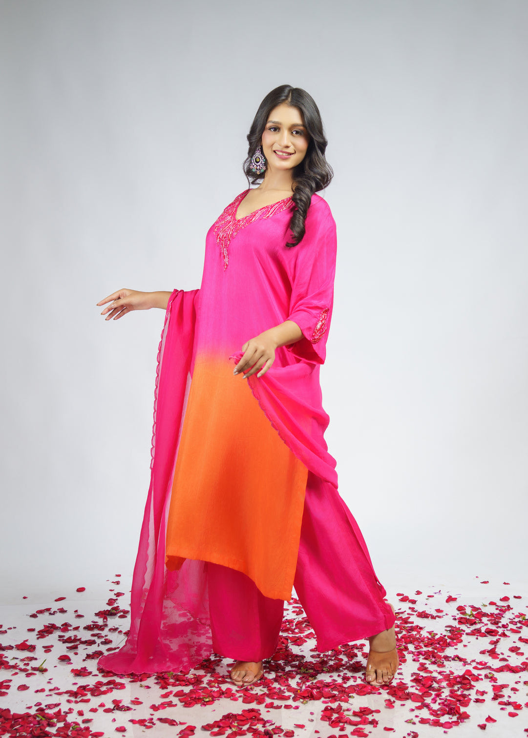 Pink orange Ombre embroidered straight kurta set