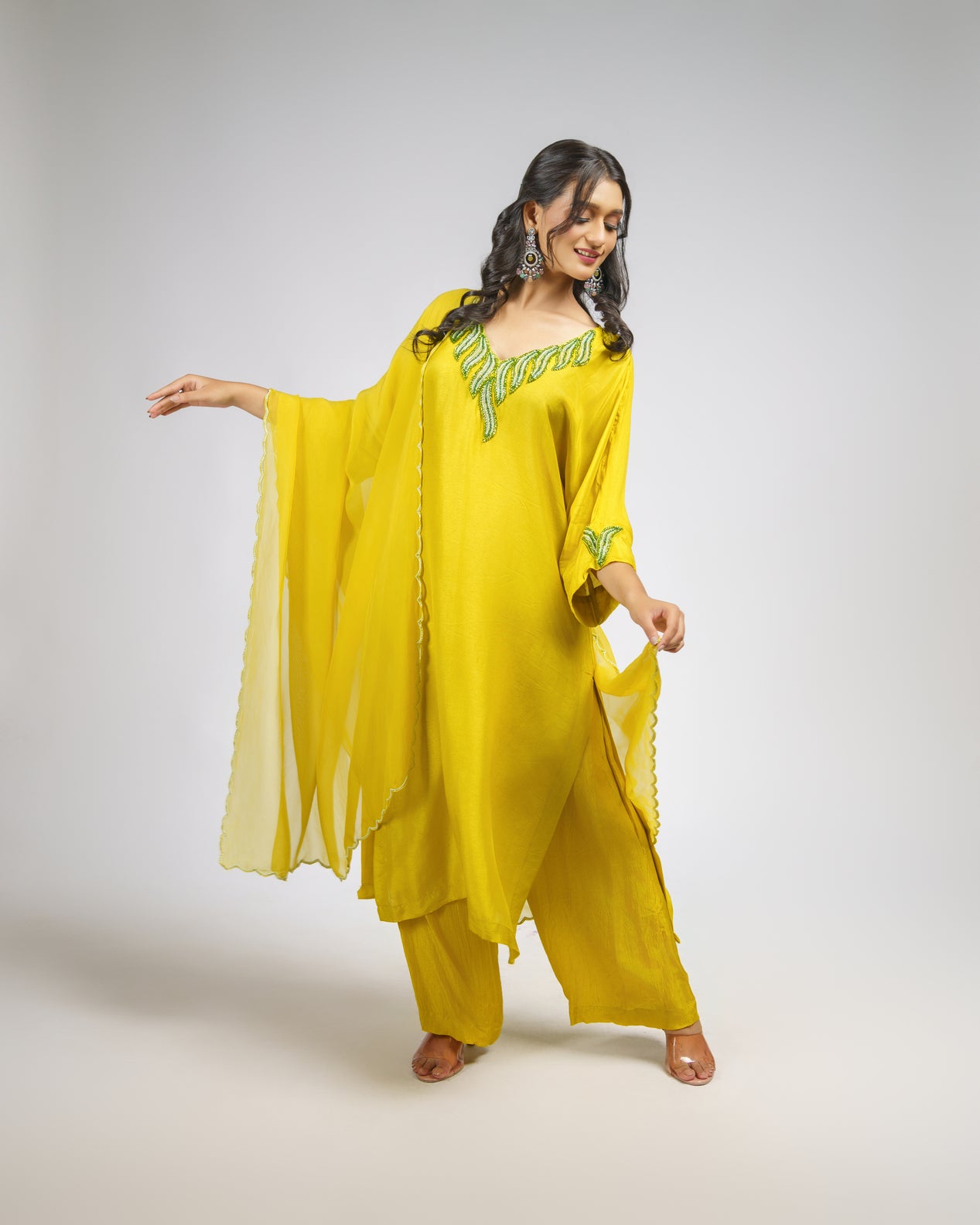Lemon yellow embroidered straight kurta set