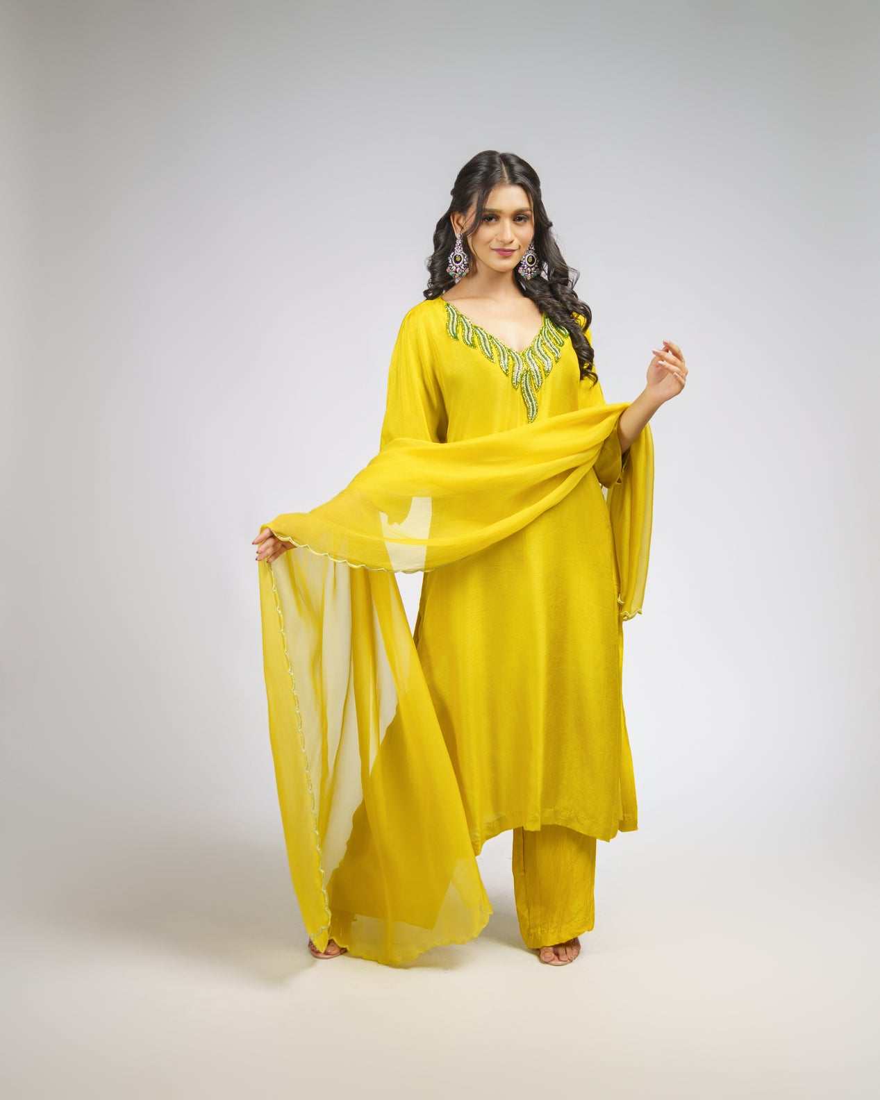 Lemon yellow embroidered straight kurta set