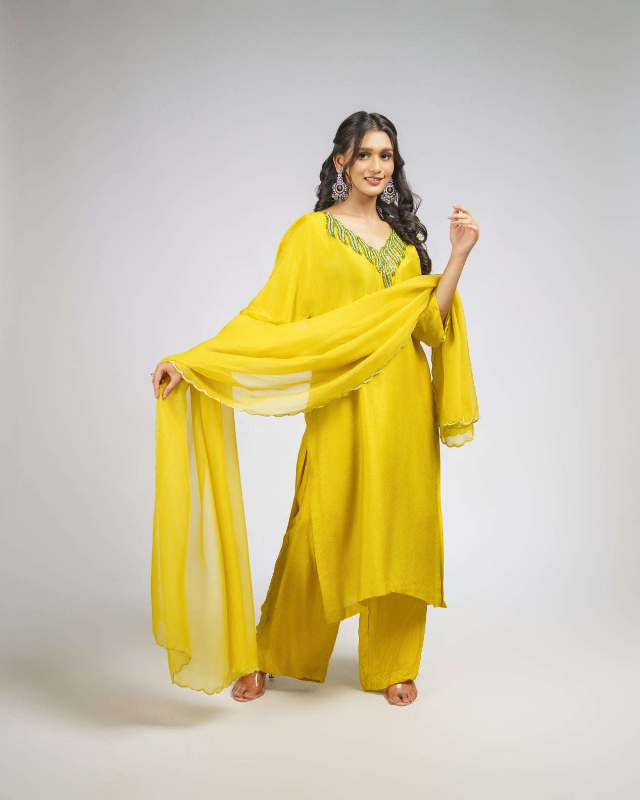 Lemon yellow embroidered straight kurta set