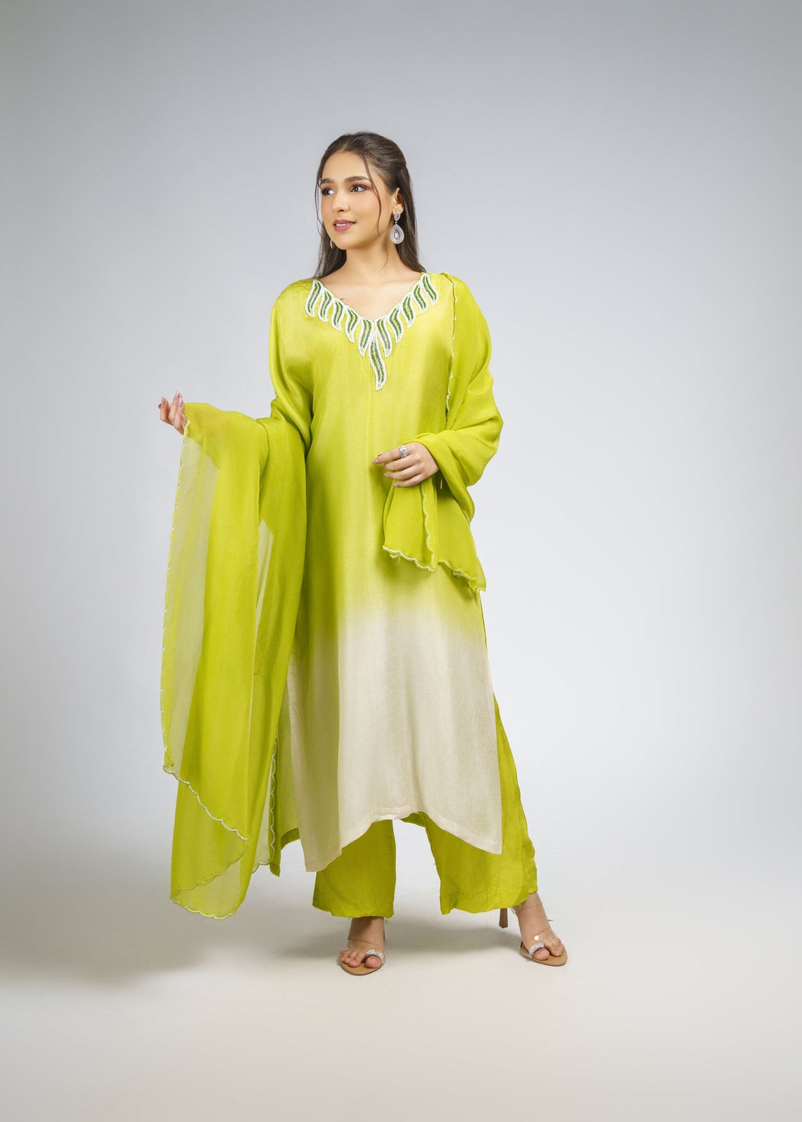 Light green Ombre embroidered straight kurta set