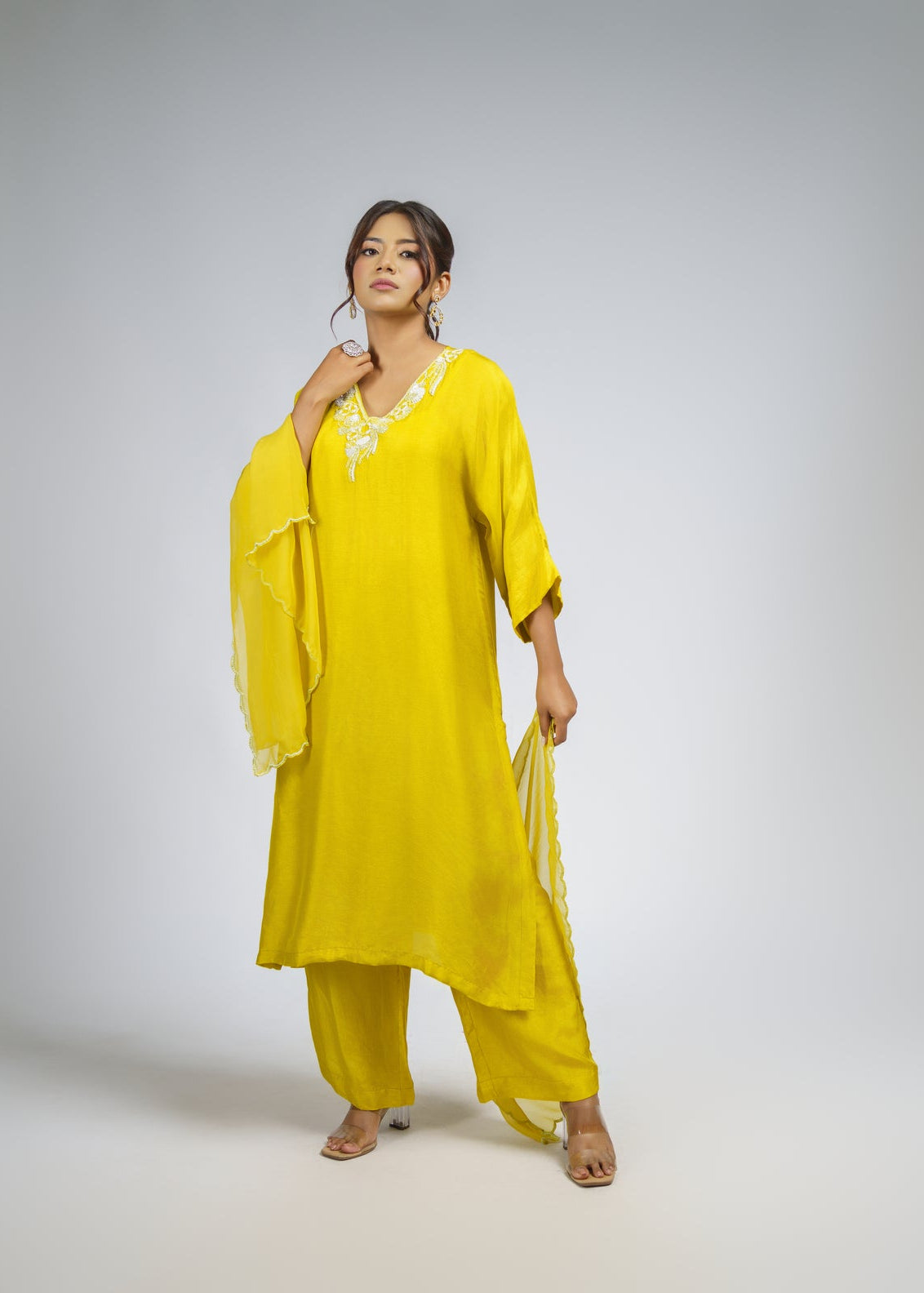 Lemon yellow embroidered straight kurta set