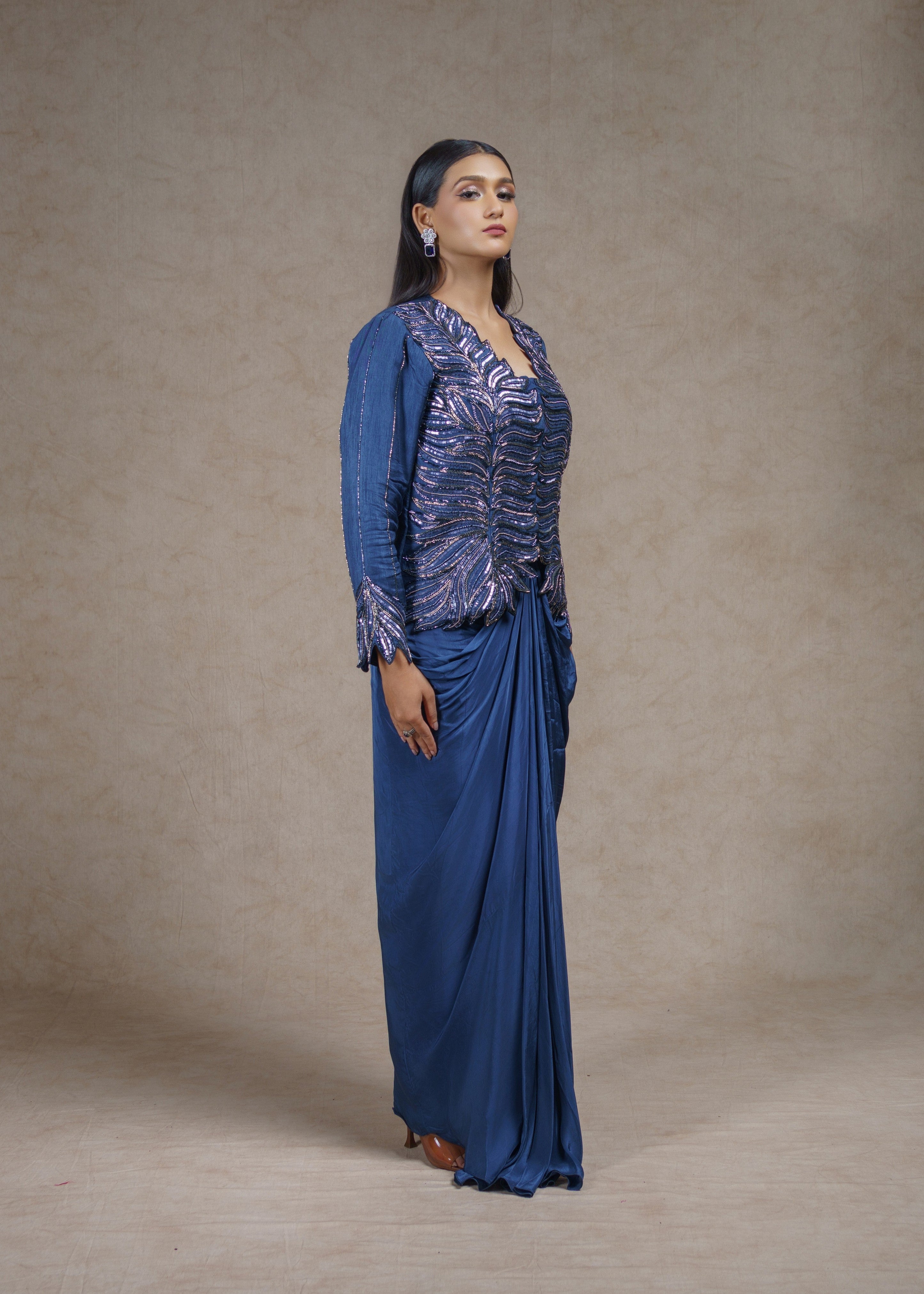 Stardust embroidered full sleeve jacket with drape skirt set