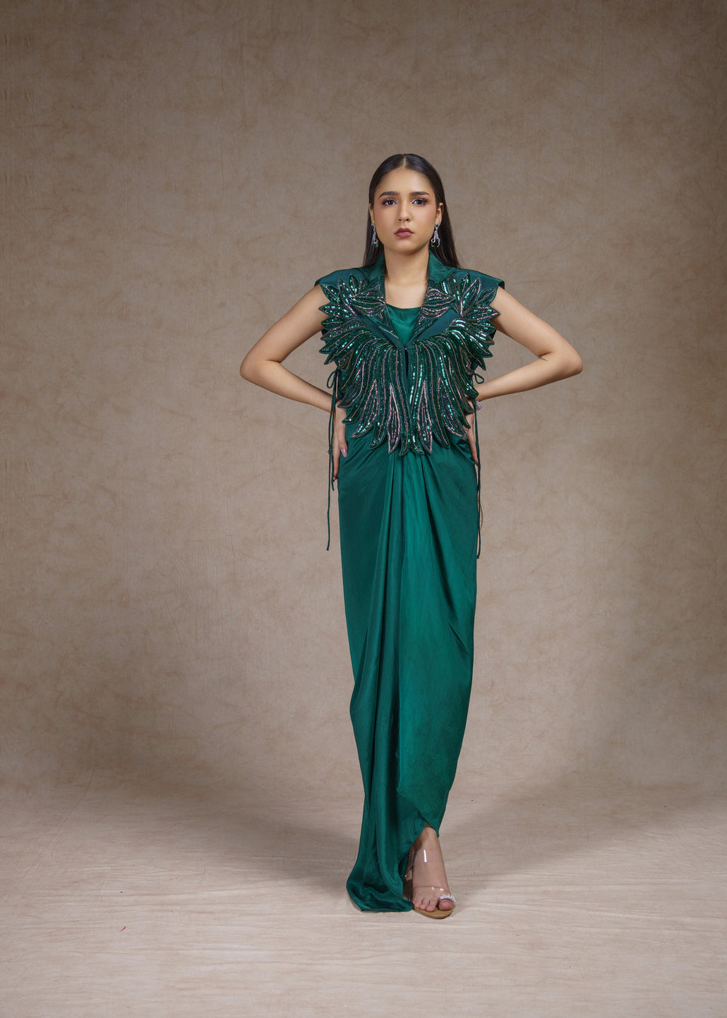 Embroidered jacket with drape dress set