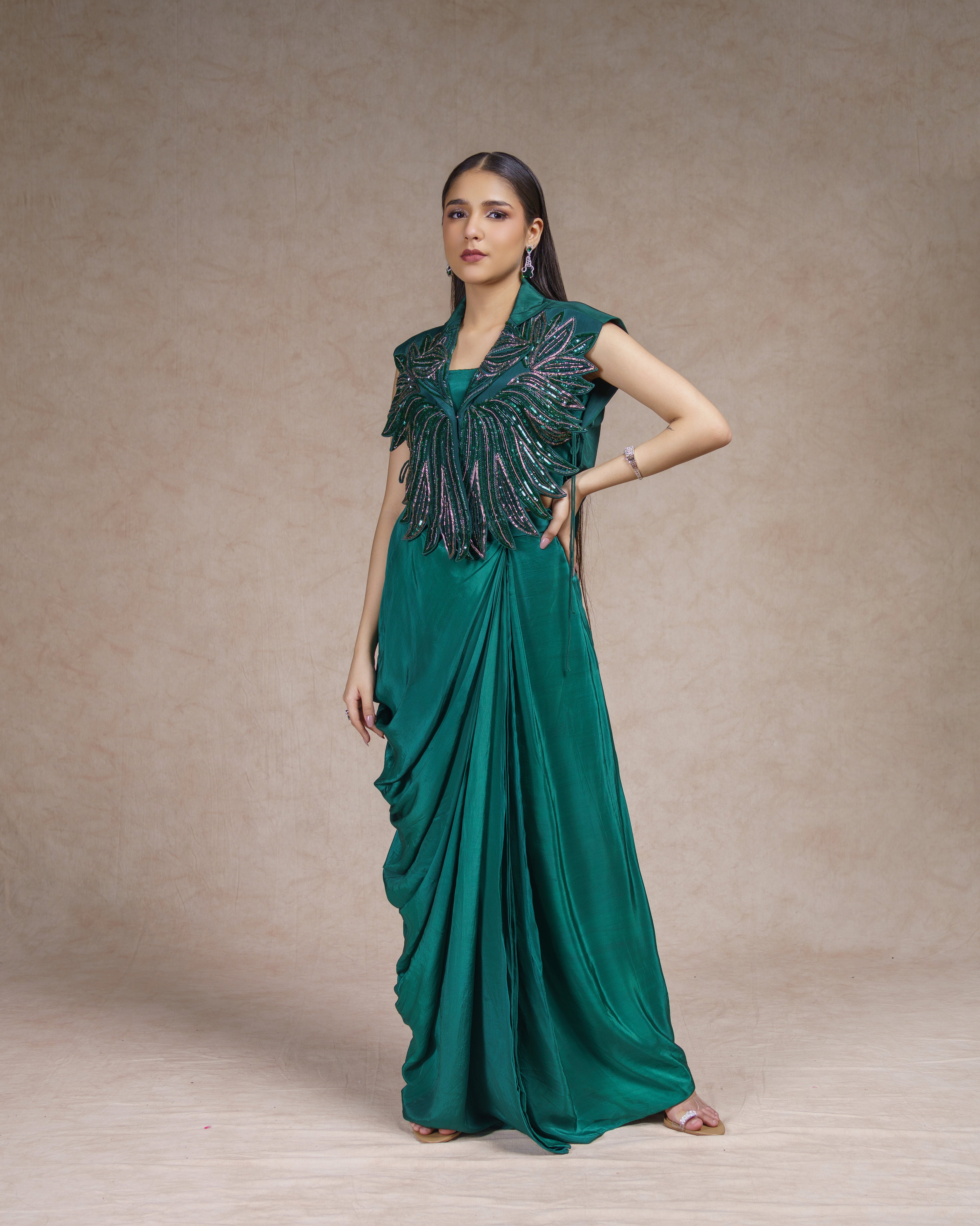 Emerald Grace Draped Couture Ensemble