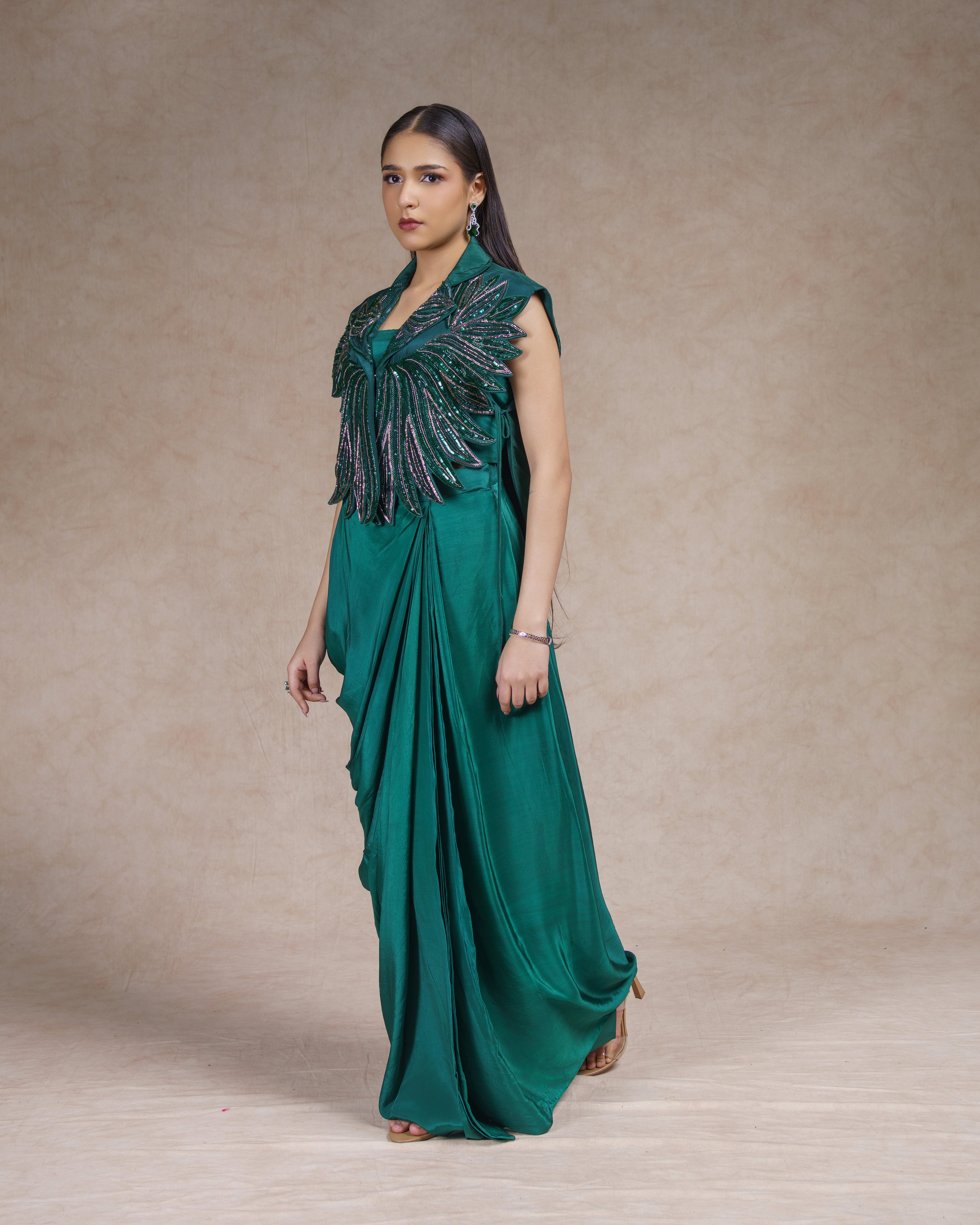 Emerald Grace Draped Couture Ensemble