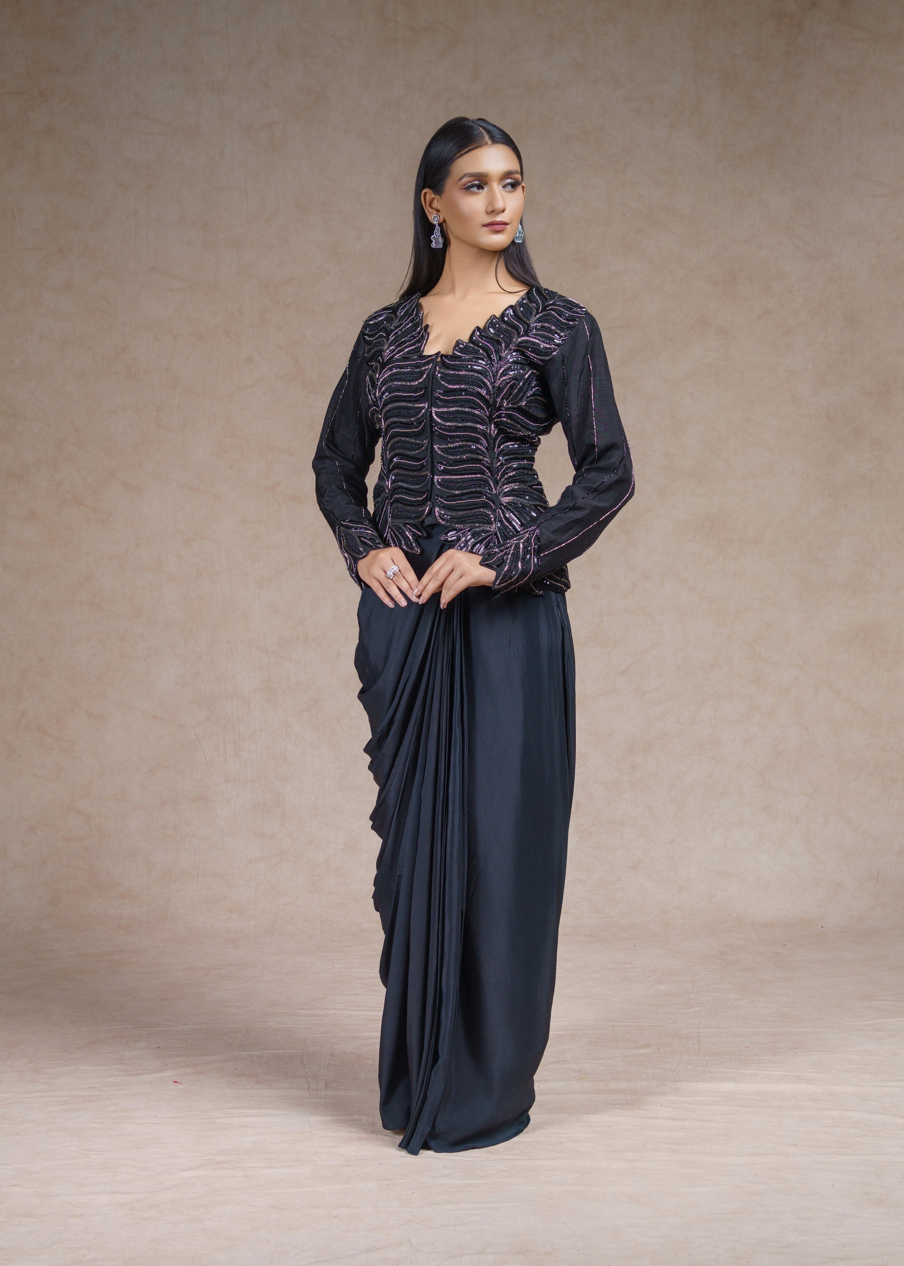 Stardust embroidered full sleeve jacket with drape skirt set