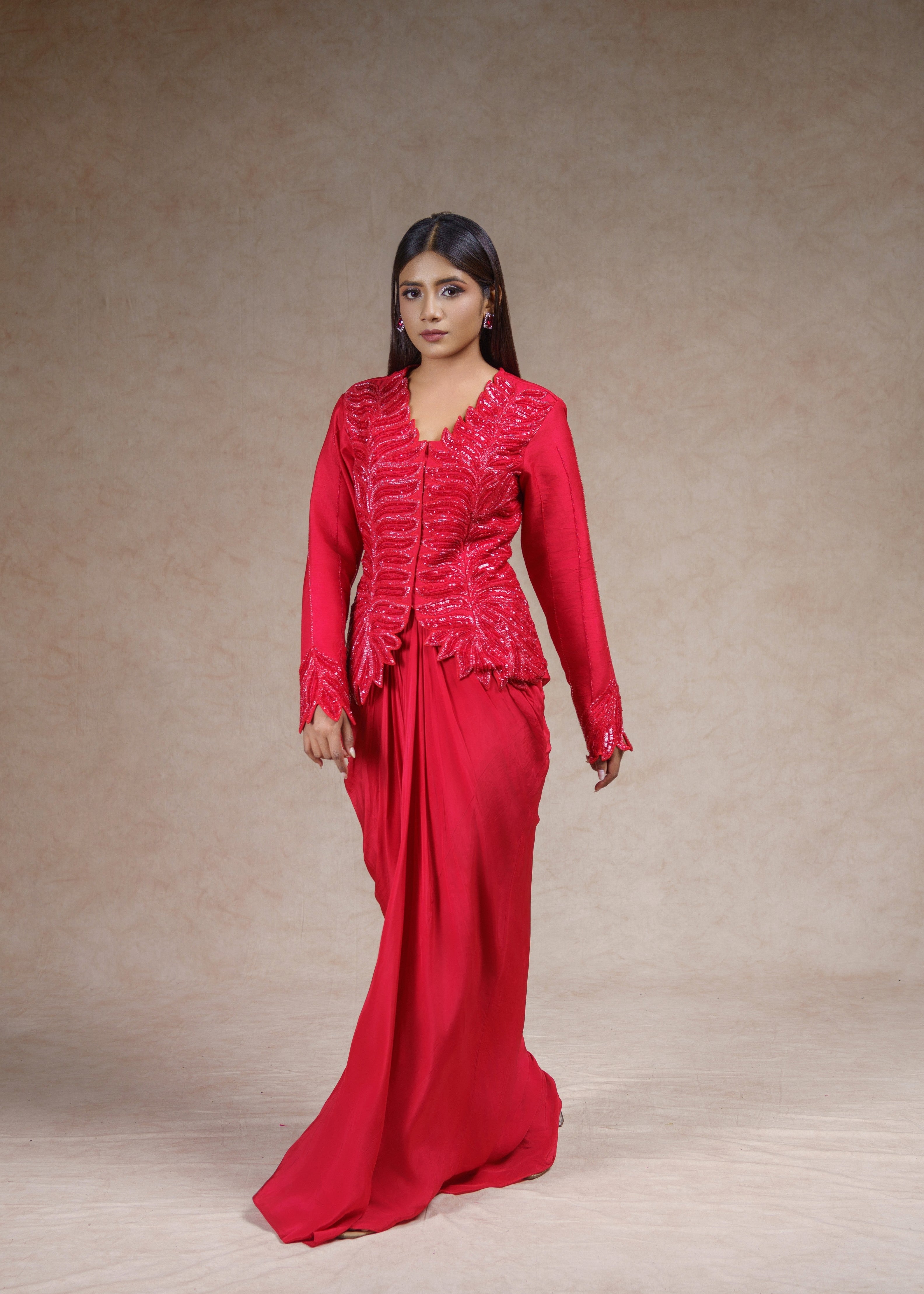 Stardust embroidered full sleeve jacket with drape skirt set