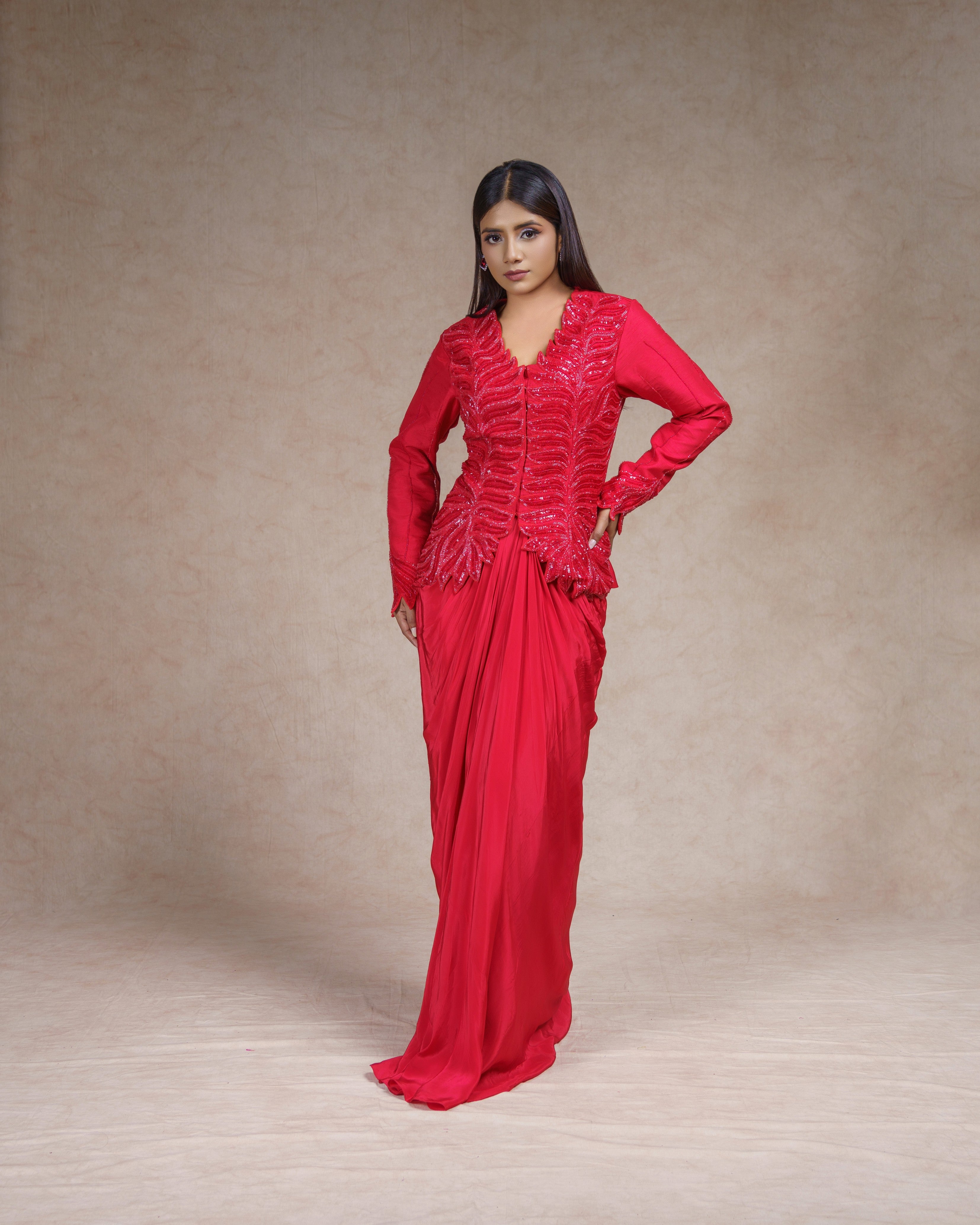 Red Full Sleeved Jacket Set