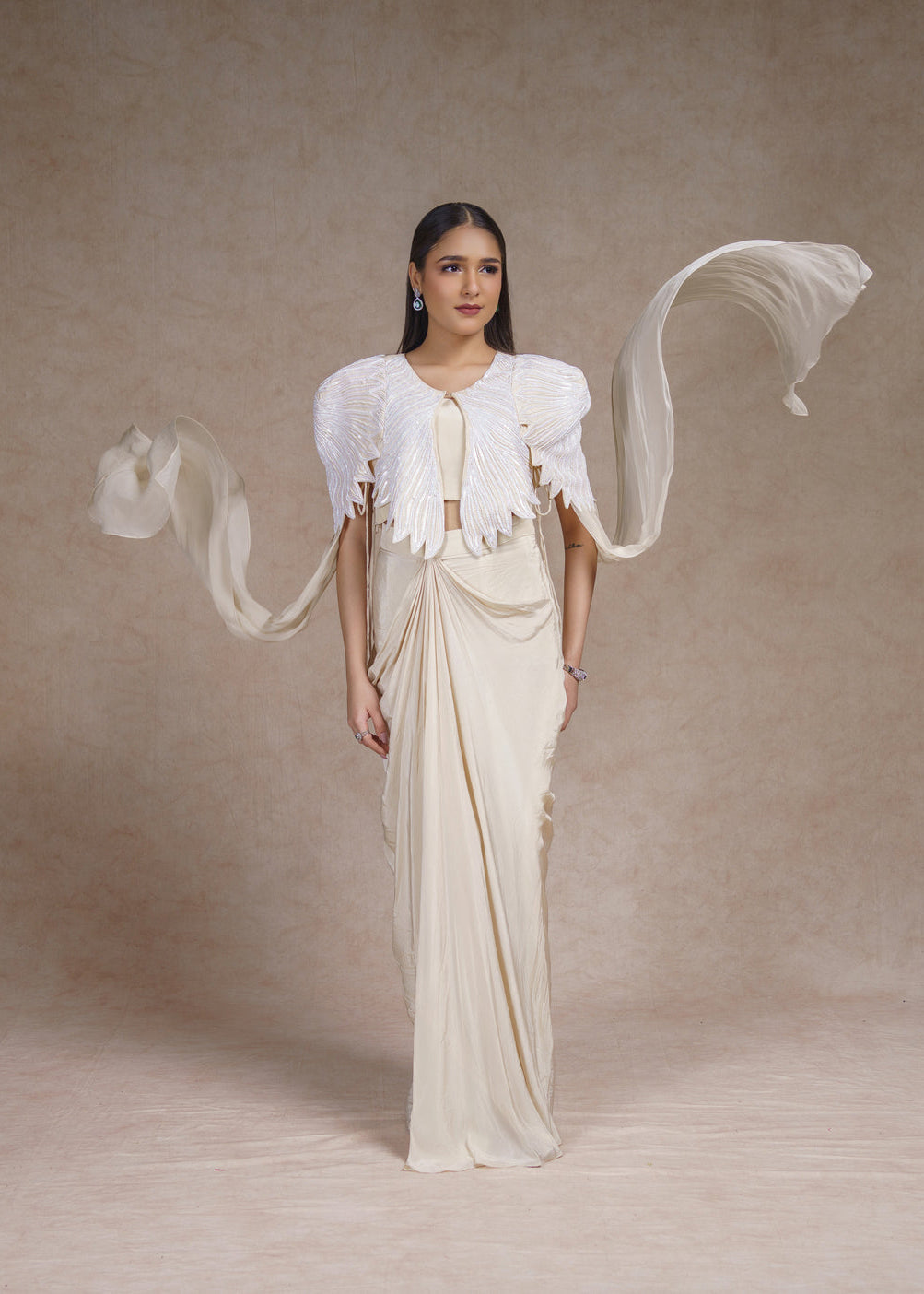 Ivory stardust embroidered jacket with drape skirt set