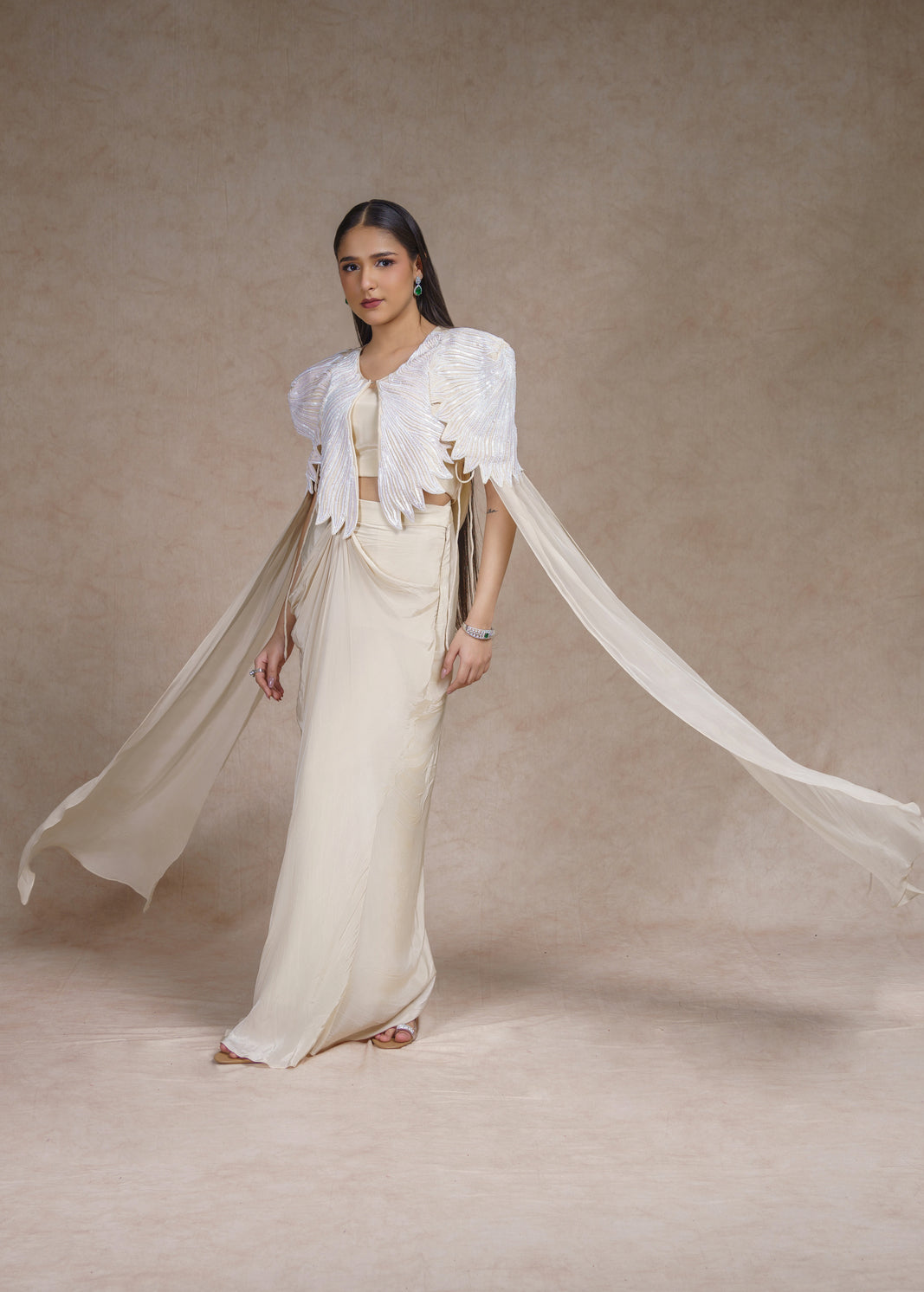 Ivory stardust embroidered jacket with drape skirt set