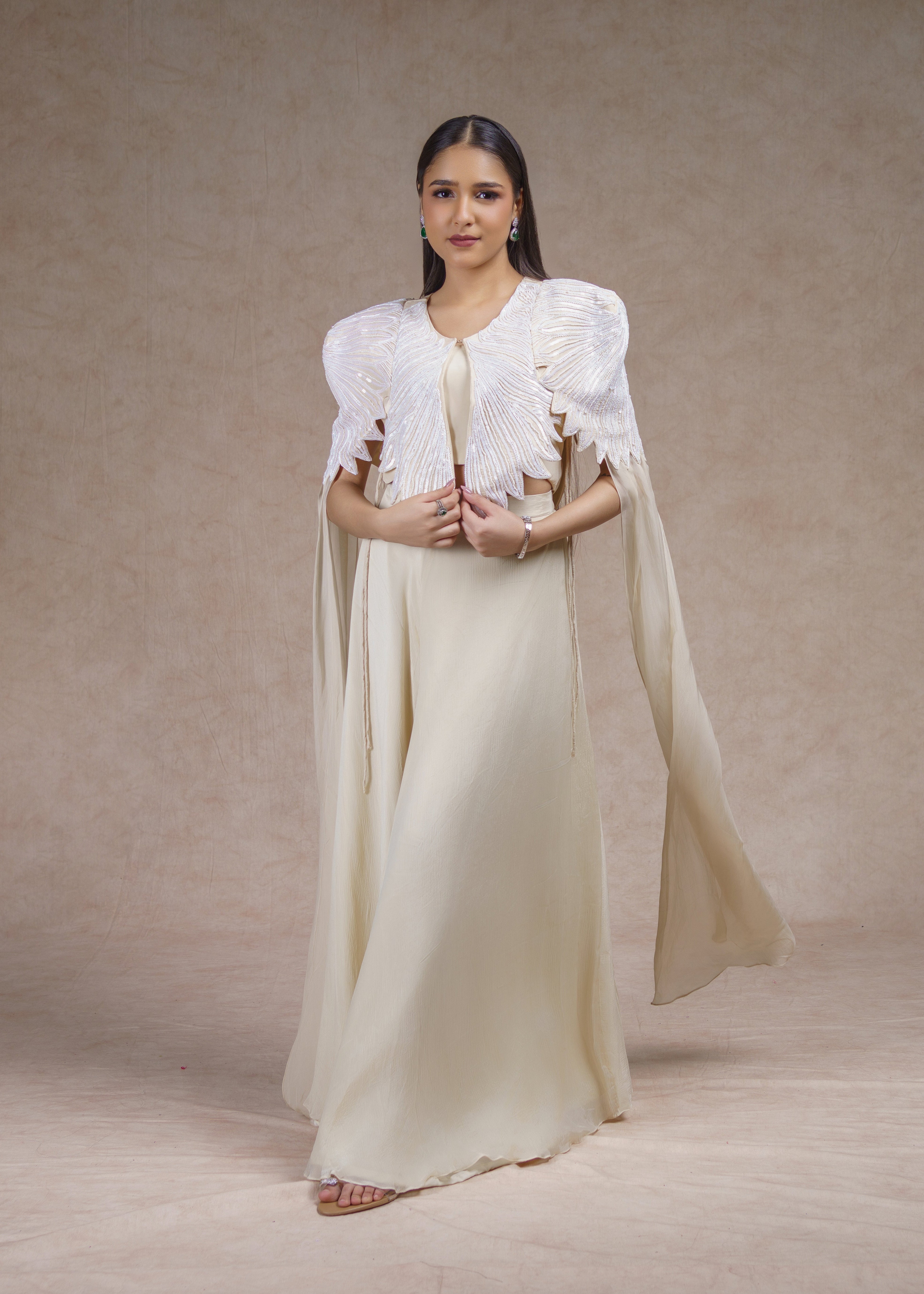 Ivory Drape skirt set with sleeveless jacket