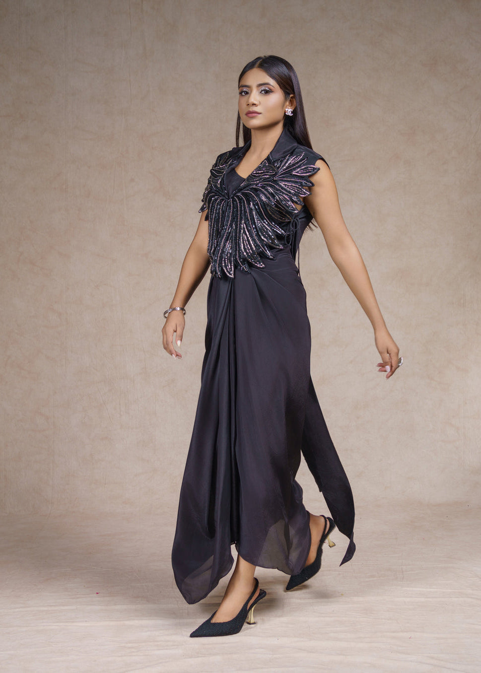 Black stardust embroidered sleeveless jacket with drape dress set