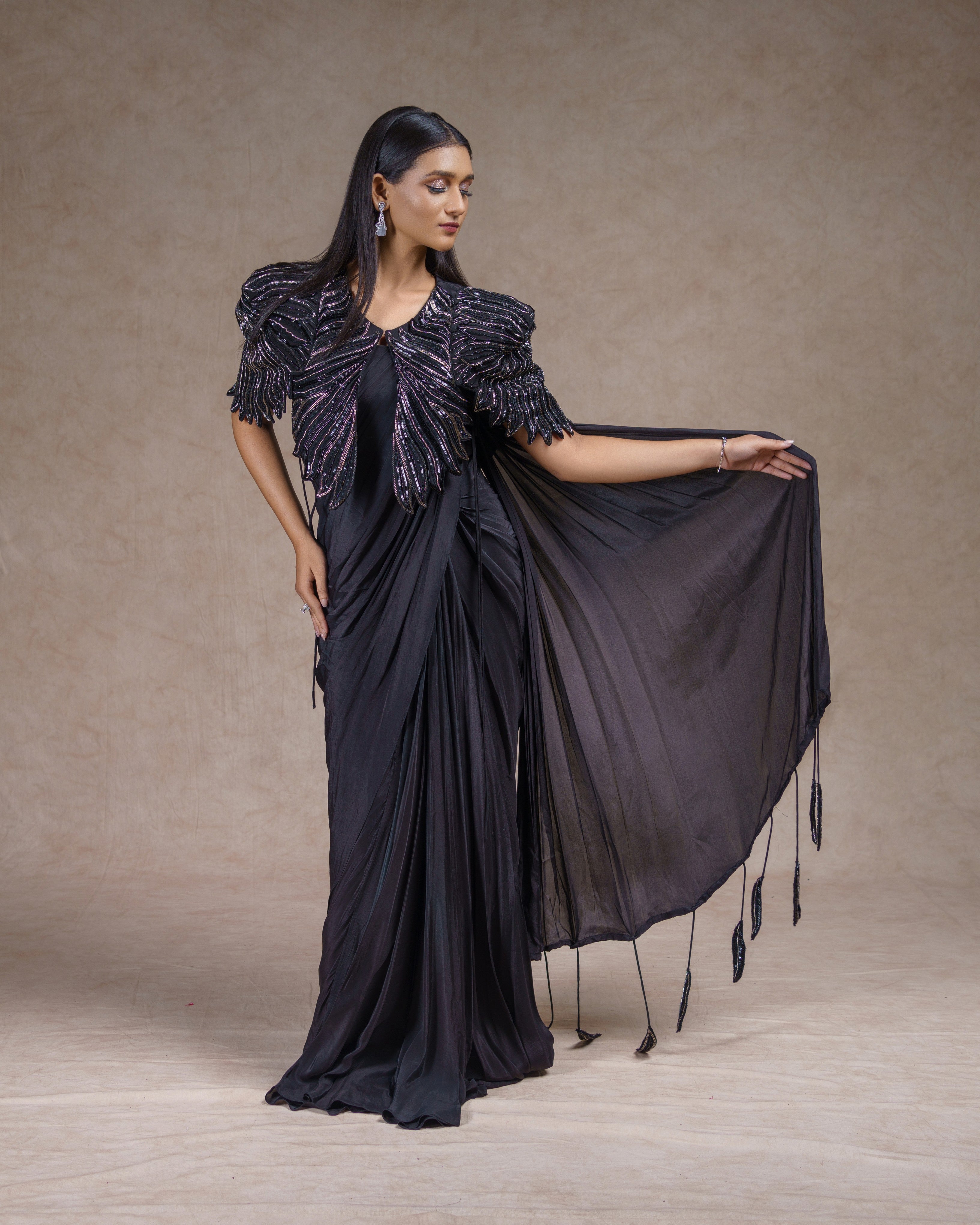 Black Bat Sleeve Saree