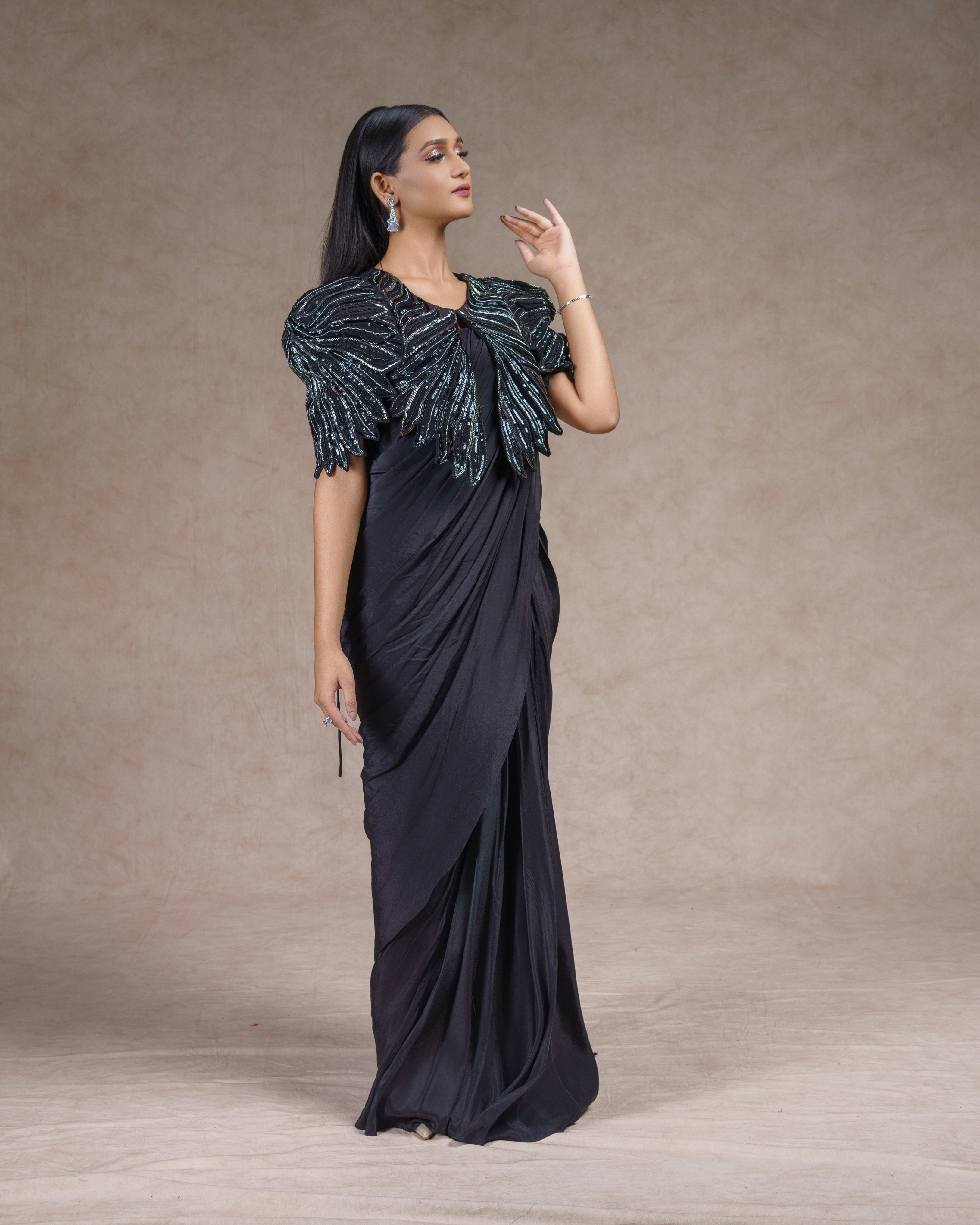Black Bat Sleeve Saree