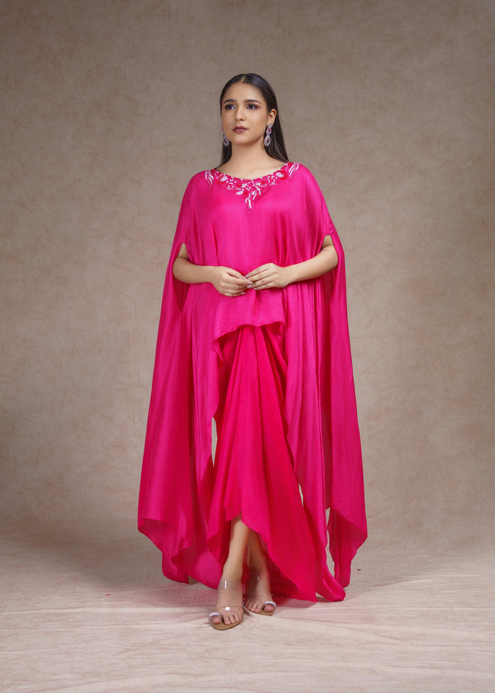 Pink embroidered kaftan with drape skirt set