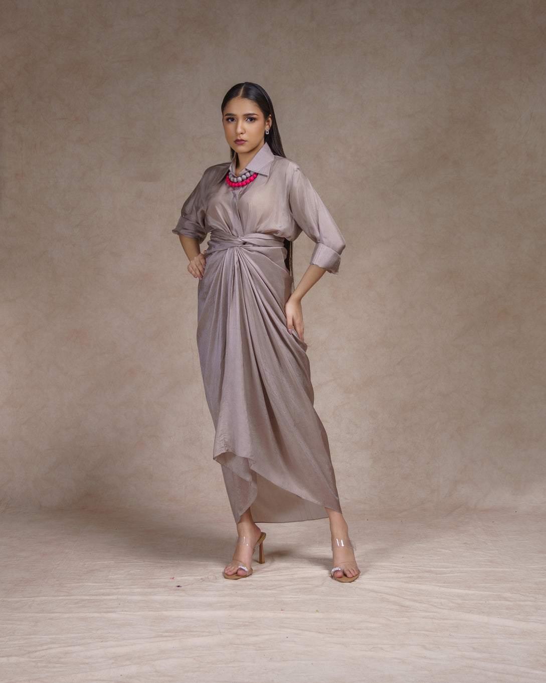 Grey shirt with drape skirt set
