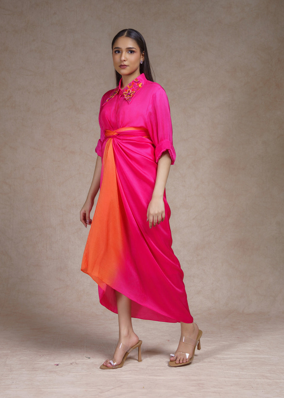 Pink embroidered shirt with ombre skirt set