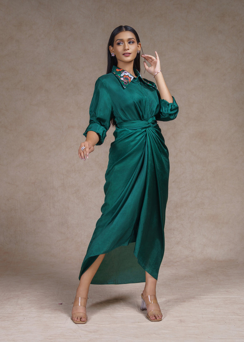 Embroidered shirt with drape skirt set