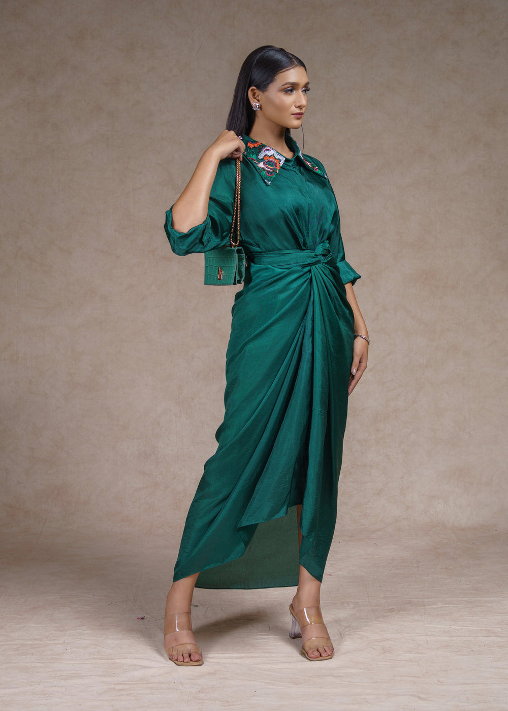 Embroidered shirt with drape skirt set