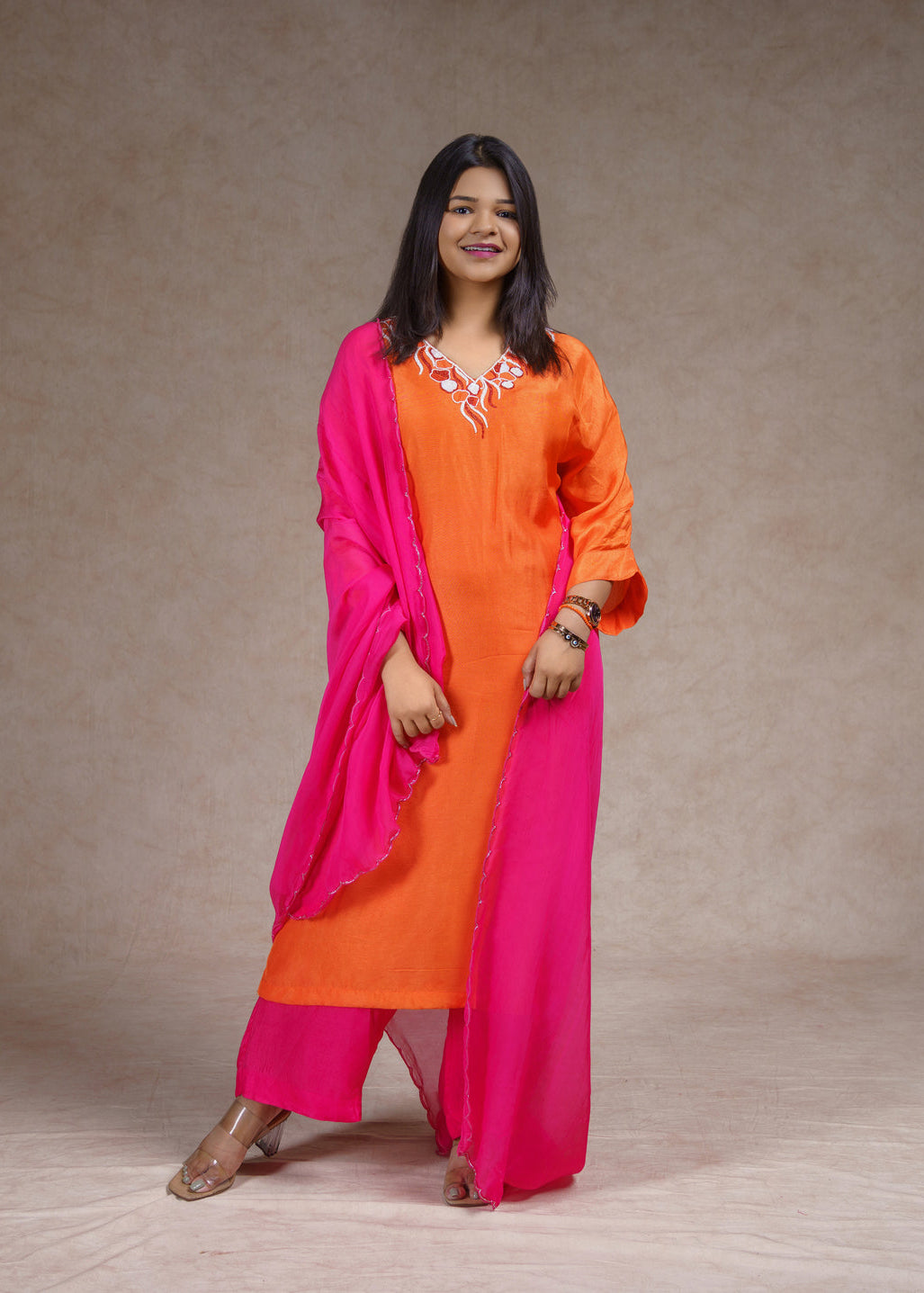 Orange embroidered straight kurta set
