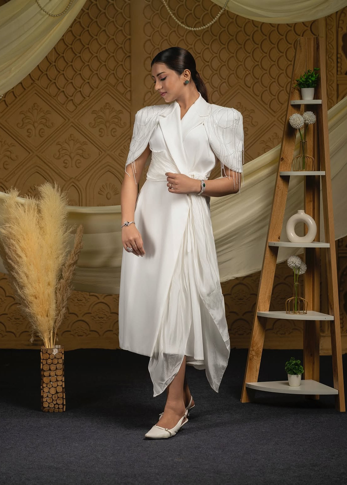 White dazzle embroidered wrap around dress